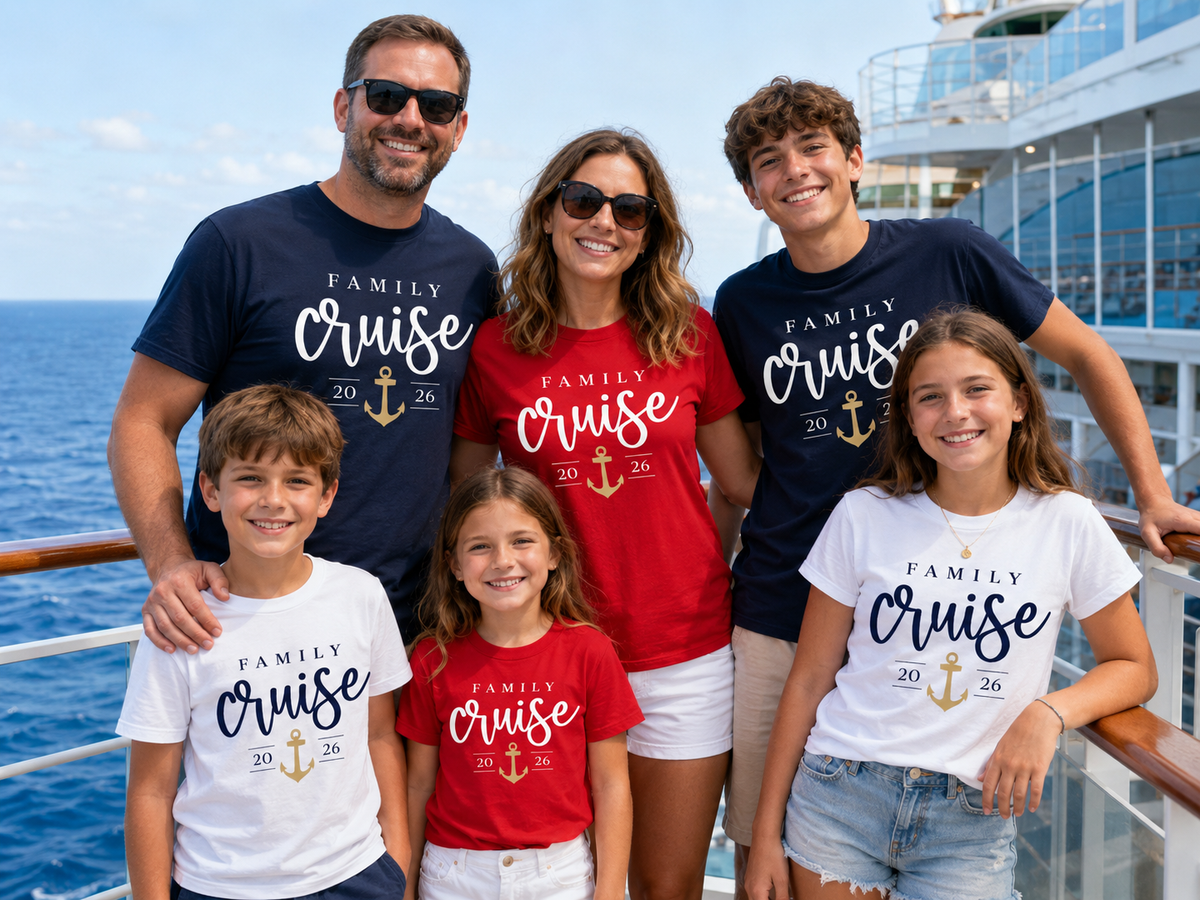 Family Cruise 2026 Anchor Tee mockup — custom matching cruise shirt for families