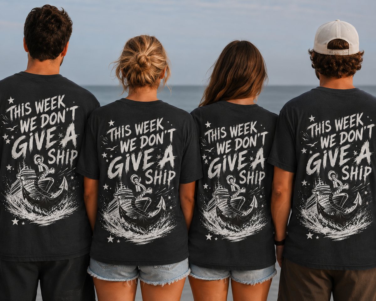 Vintage This Week We Don't Give A Ship cruise crew tee - distressed anchor design on a dark shirt
