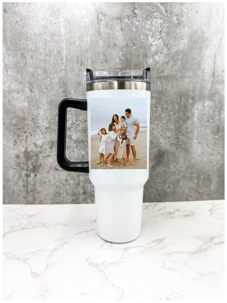 Personalized 40oz photo tumbler with handle - custom printed full wrap