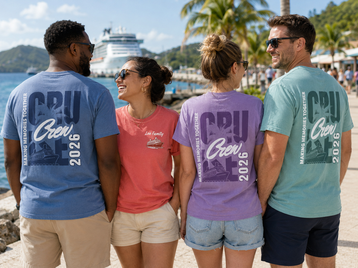 Cruise Crew Making Memories tee shown on a cruise group - matching family shirts