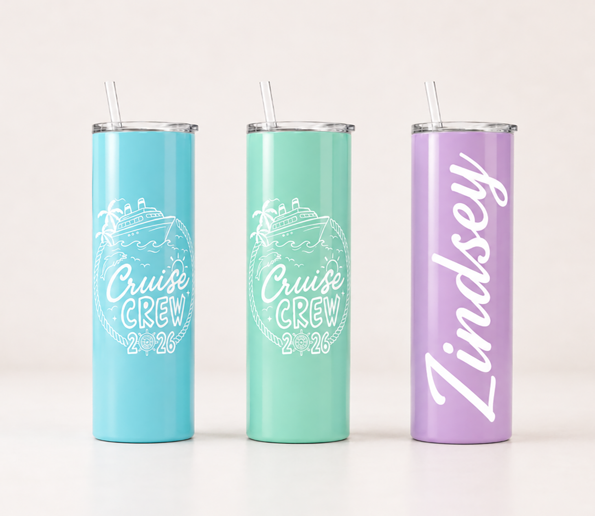 Cruise Crew 2026 personalized 20oz skinny tumbler shown in blue, mint and purple with custom name