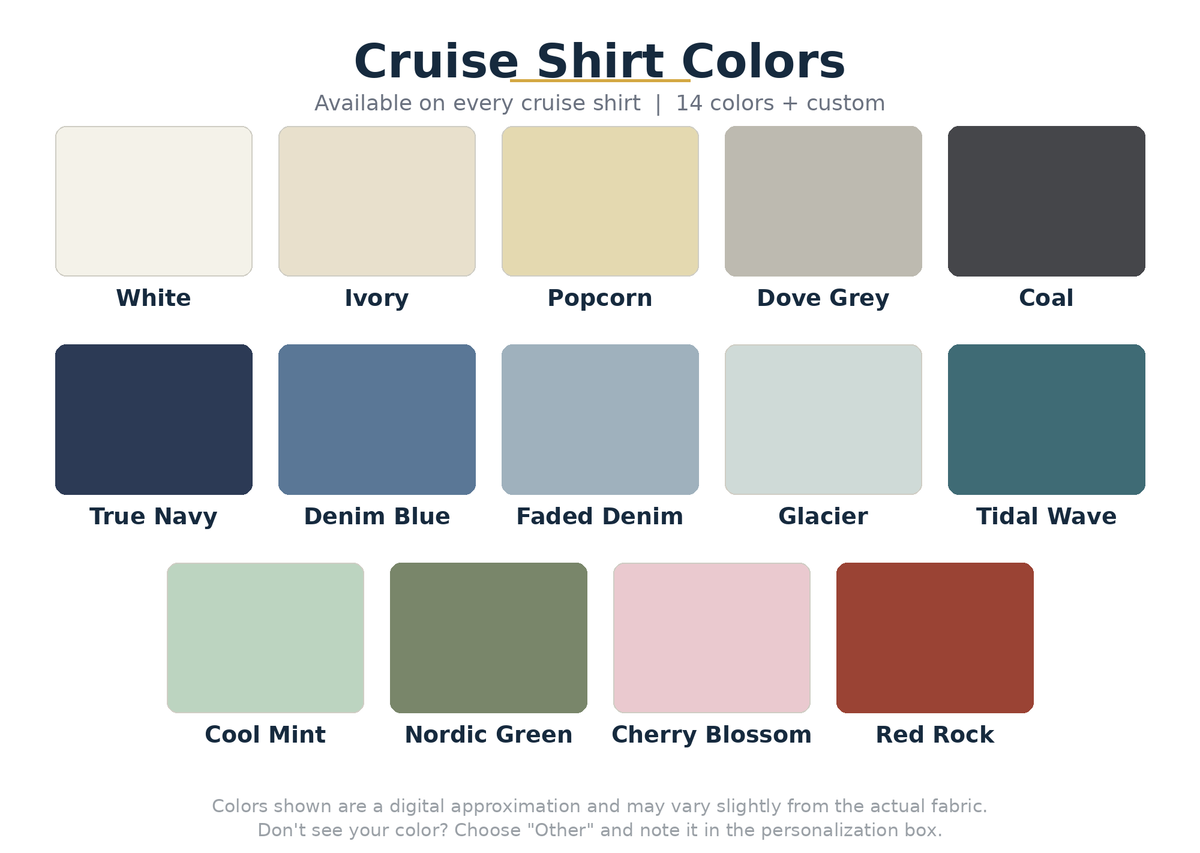 Cruise shirt color chart - 15 color options