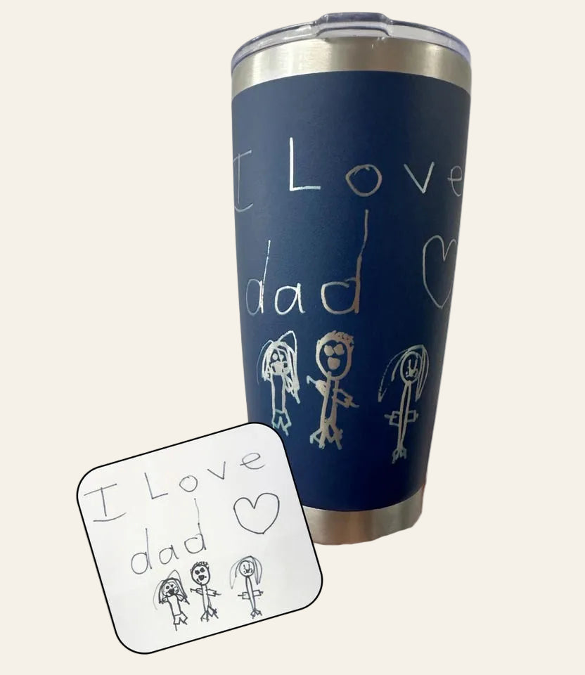 Navy laser-engraved 20oz tumbler with child's I Love Dad drawing engraved