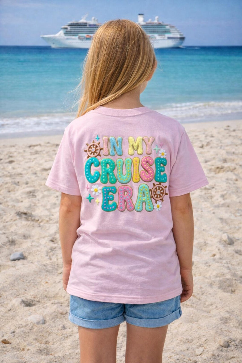 In My Cruise Era personalized tee -- pink with colorful bubble lettering