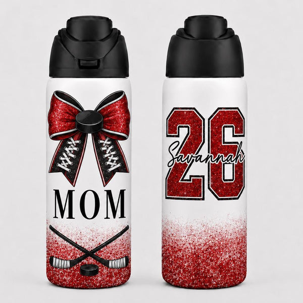 Personalized Hockey Water Bottle, 32oz Insulated Tumbler with Straw, Custom Name and Number