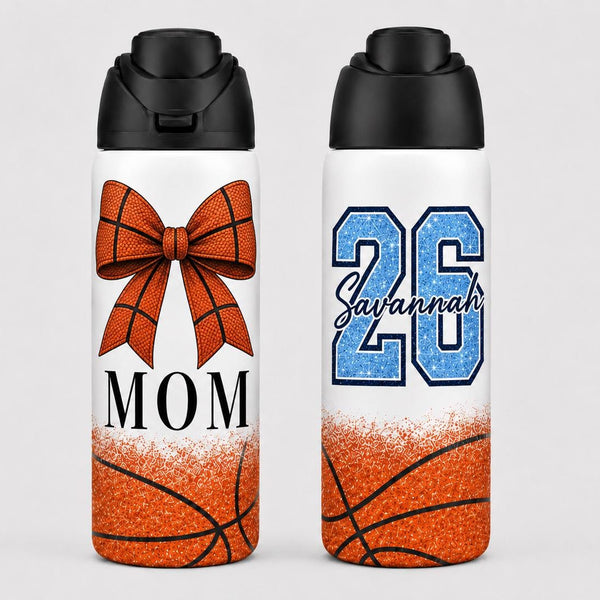 Personalized Basketball Water Bottle with Straw and Handle, Custom Name and Number 32oz
