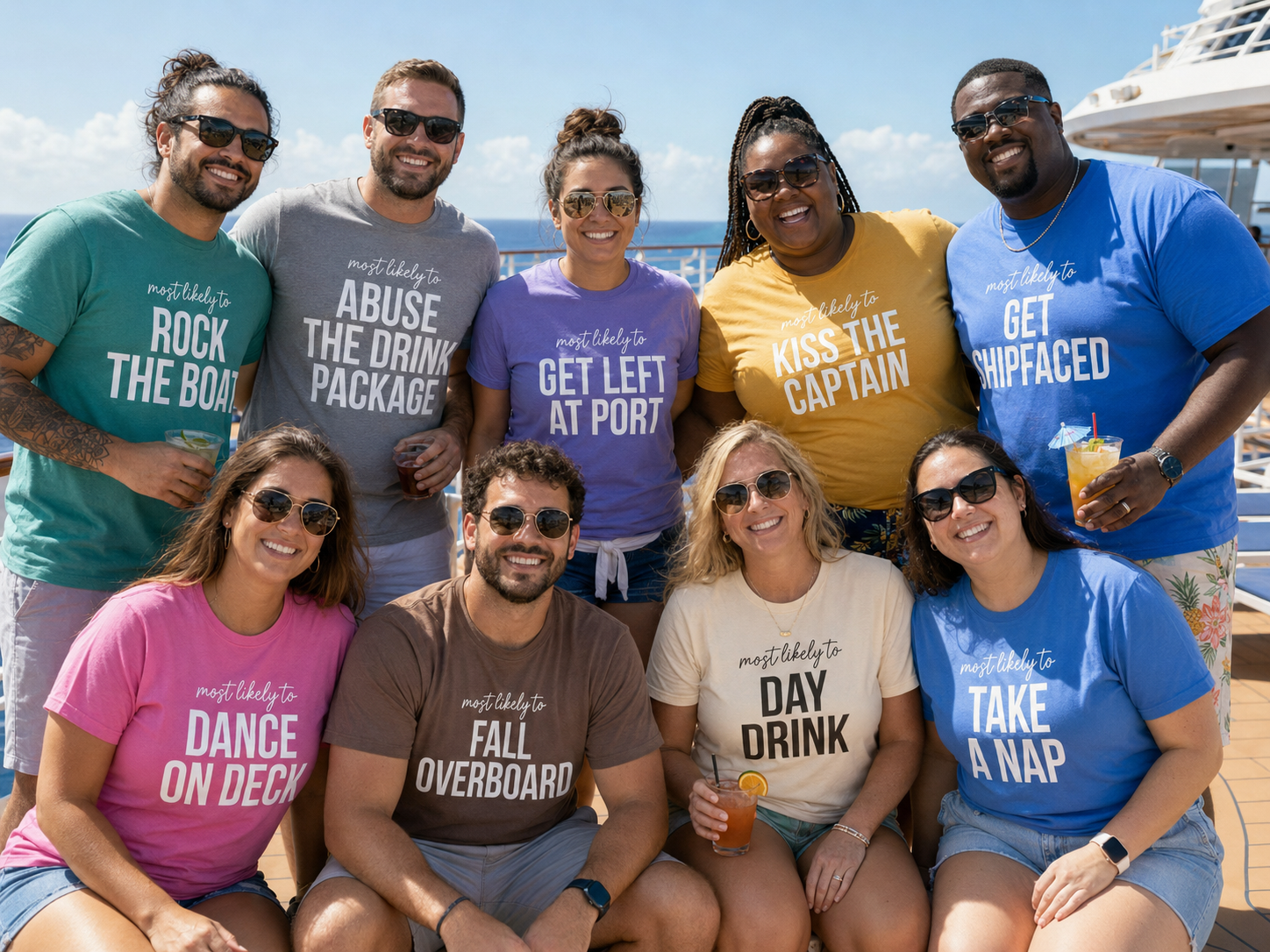 Most Likely To Cruise tee - group of nine wearing matching shirts on a cruise deck
