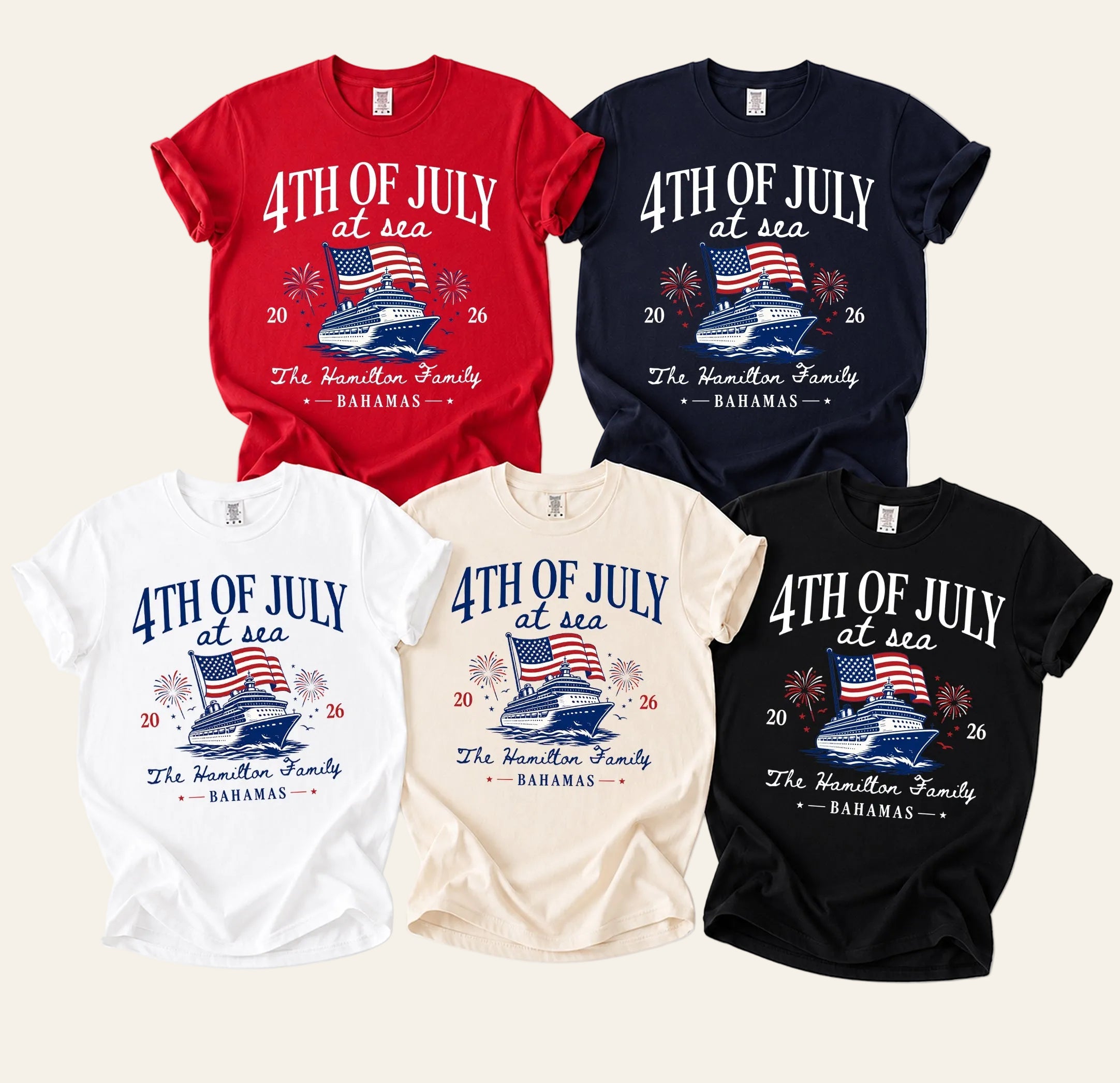 4th of July at Sea cruise tee shown in red, navy, white, ivory and black -- personalized with family name, year and destination