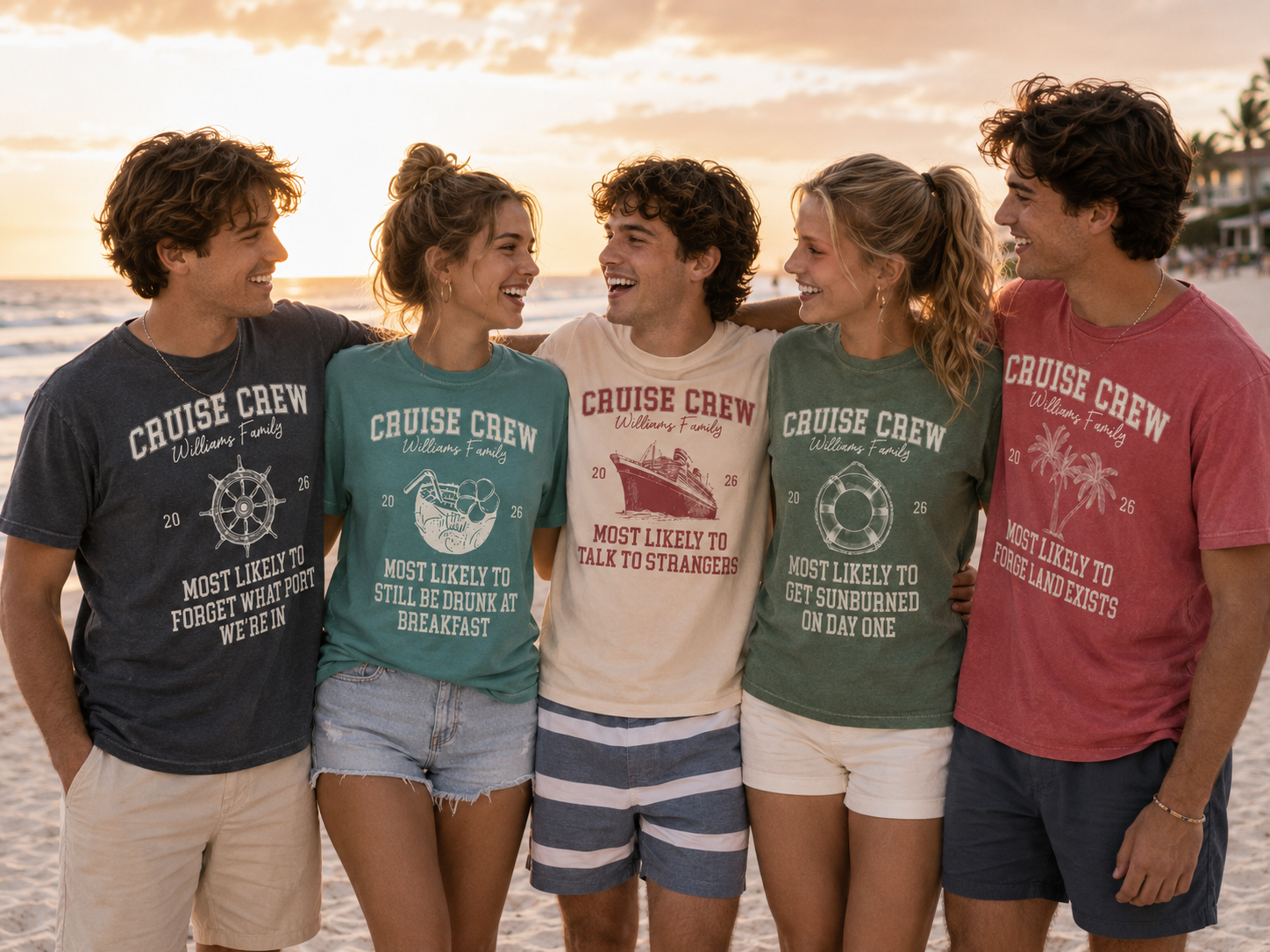 Cruise Crew Most Likely To tee - five friends on a beach at sunset wearing matching cruise crew shirts