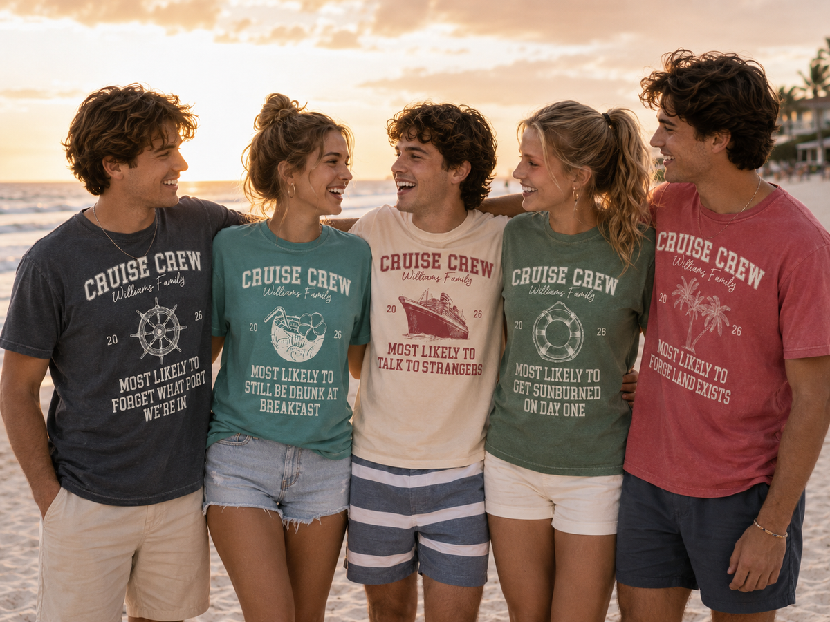 Cruise Crew Most Likely To tee - five friends on a beach at sunset wearing matching cruise crew shirts