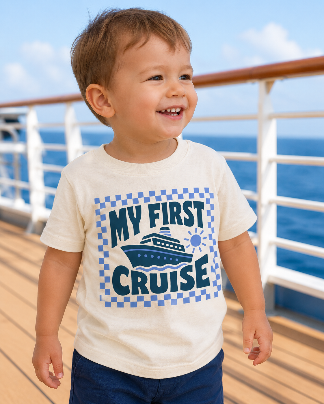 Toddler boy on cruise ship in My First Cruise retro checkerboard tee