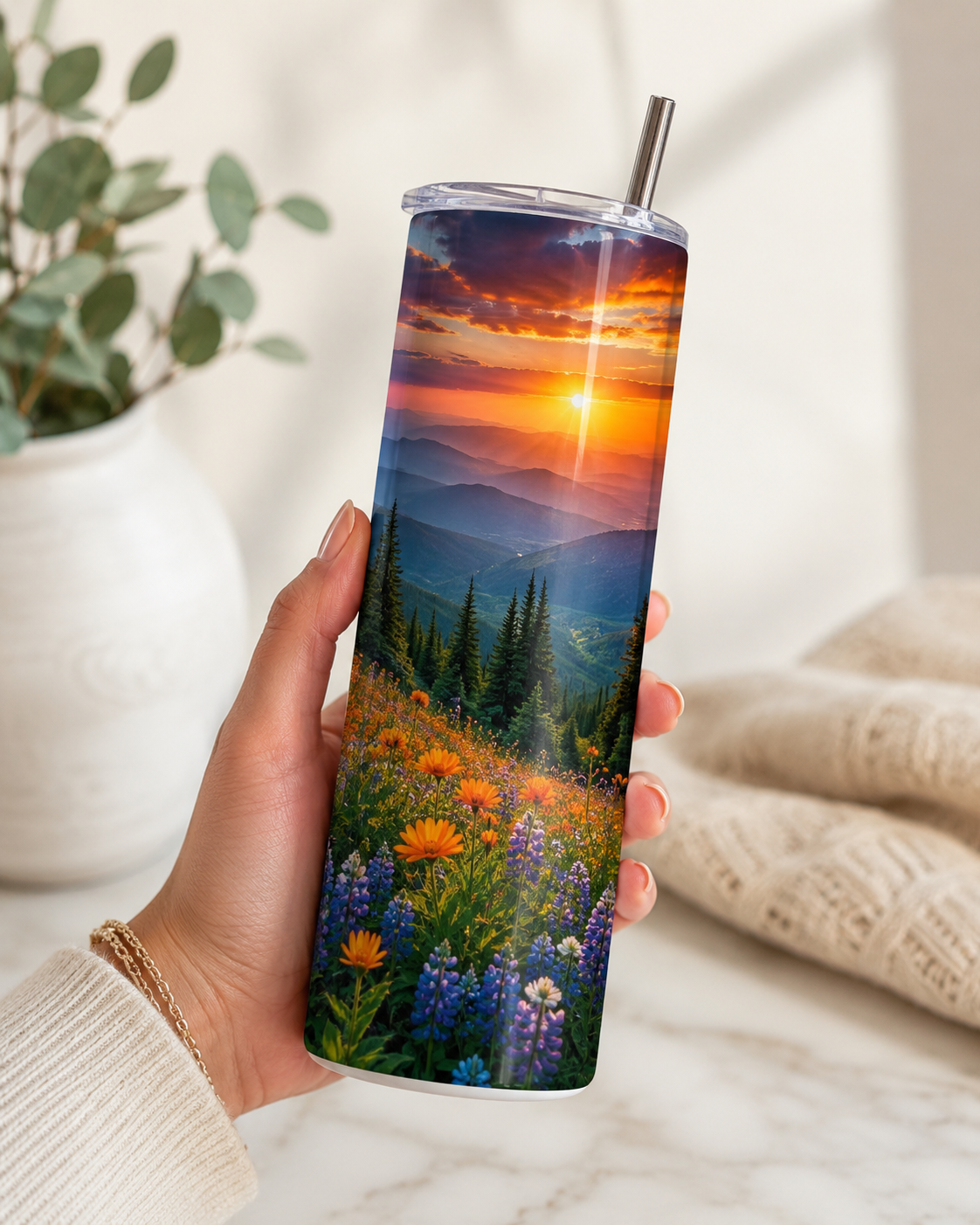 Personalized 20oz skinny photo tumbler with a custom mountain sunset photo printed full-wrap, stainless steel with straw lid