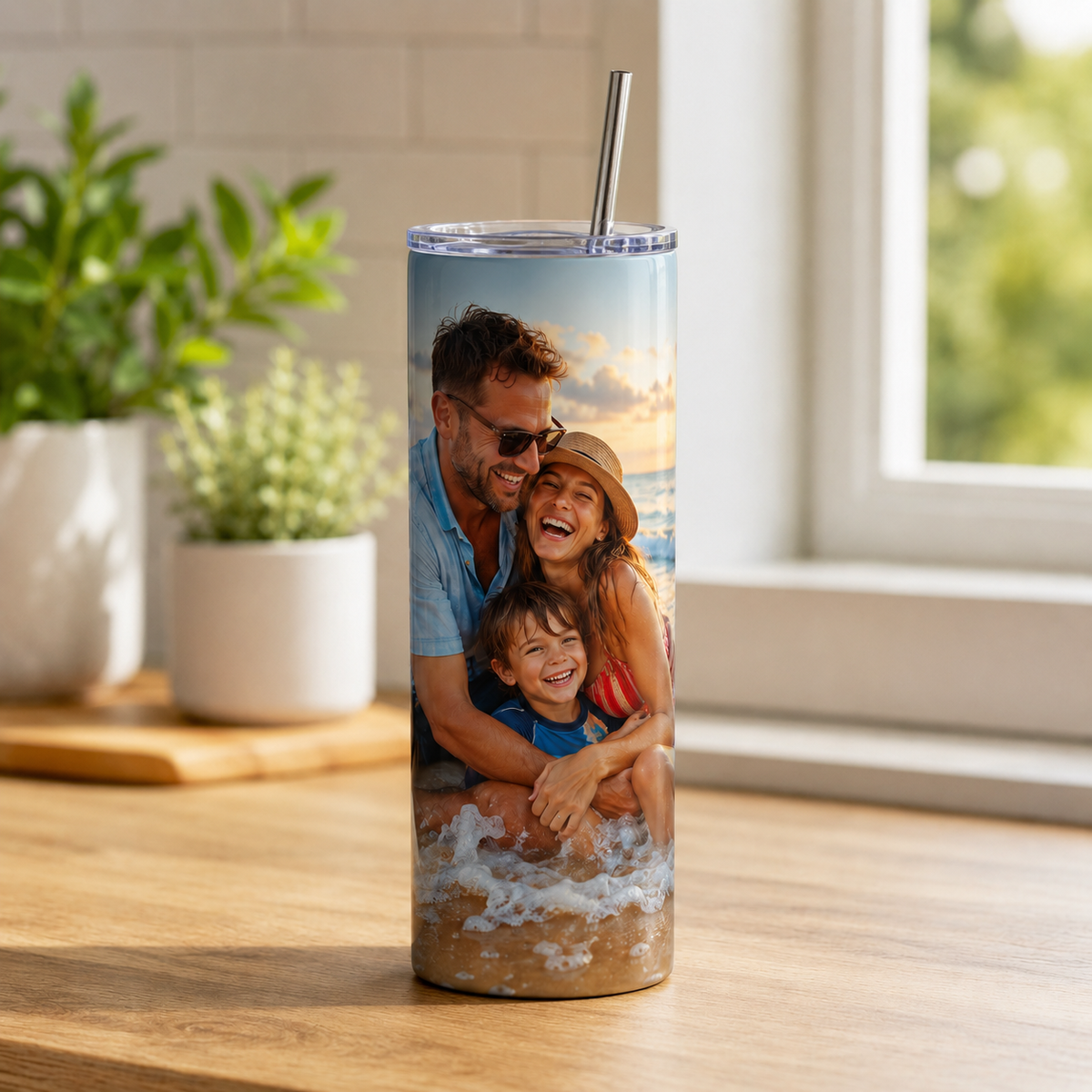 Personalized 20oz skinny photo tumbler featuring a custom family beach photo printed full-wrap, stainless steel with straw lid
