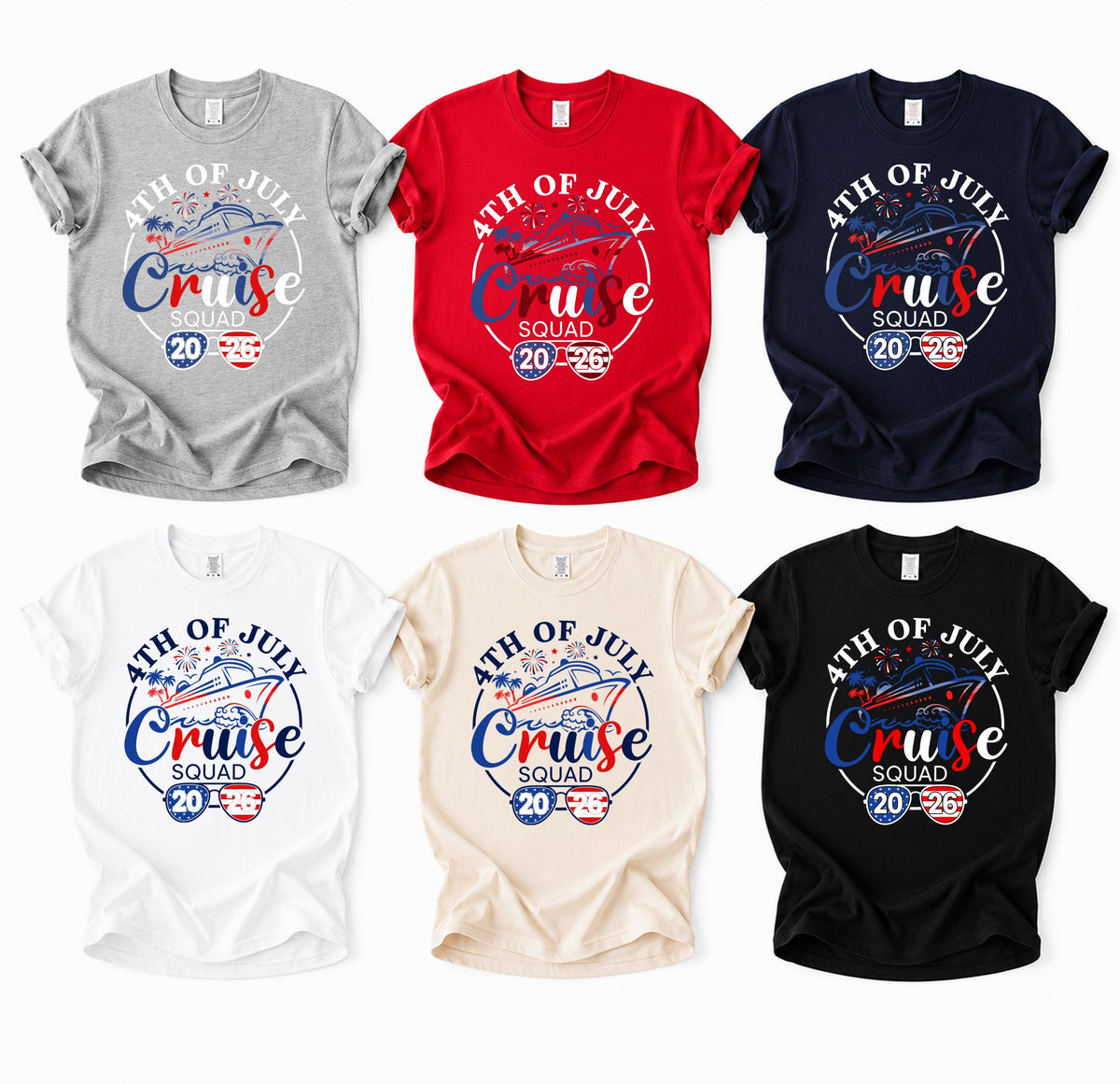 4th of July Cruise Squad tee shown in grey, red, navy, white, ivory and black -- matching patriotic cruise ship design