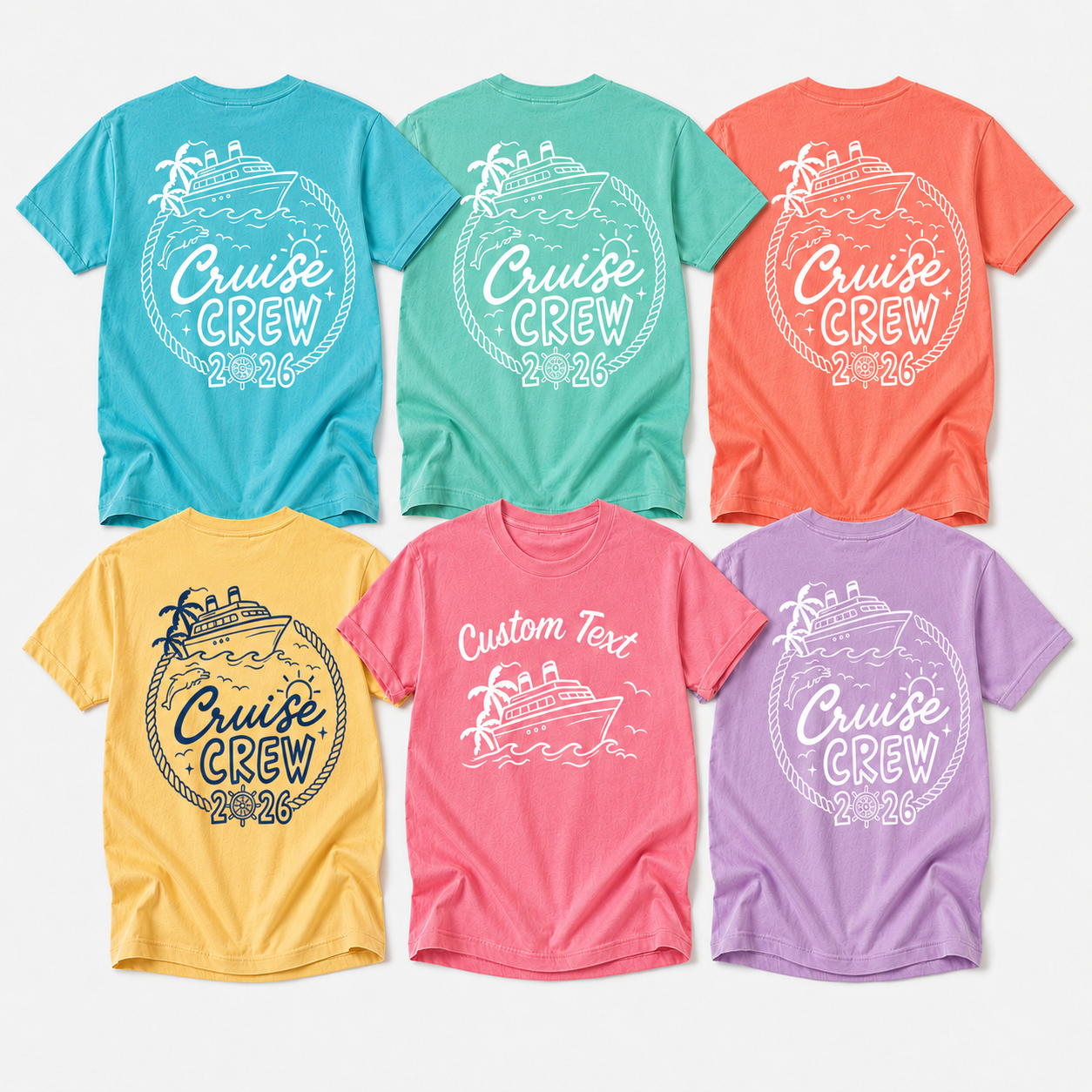 Cruise Crew 2026 Rope Tee shown in 6 colors - matching group cruise shirts