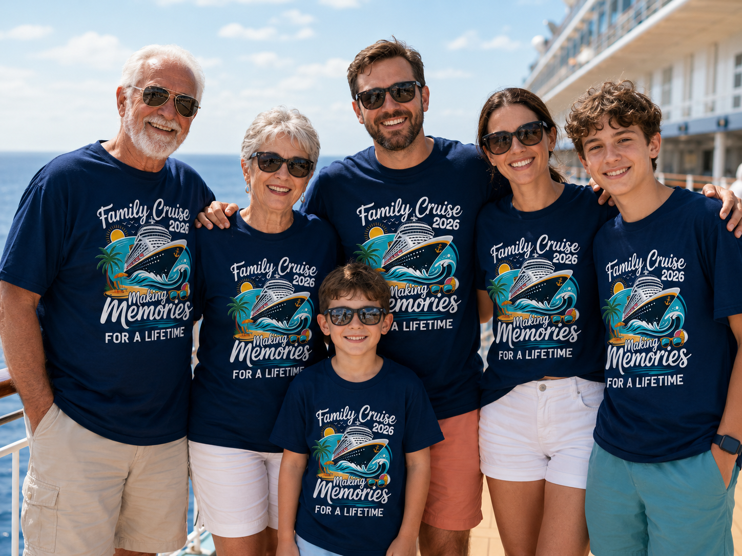 Family on cruise ship deck in matching navy Family Cruise 2026 Making Memories tees