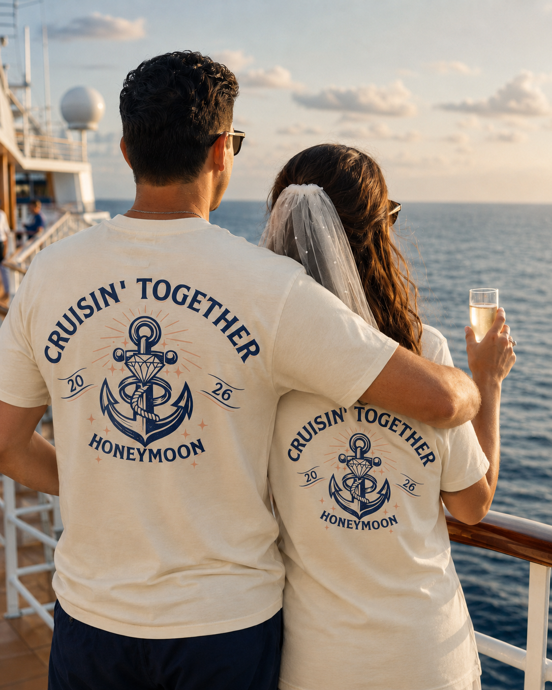 Couple on cruise ship in matching Cruisin' Together Honeymoon tees