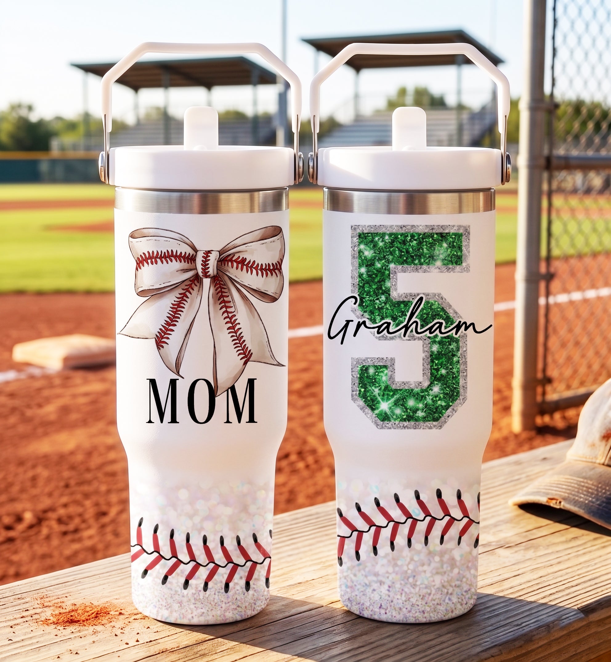 Personalized 30oz baseball mom tumbler with player name and number in team colors
