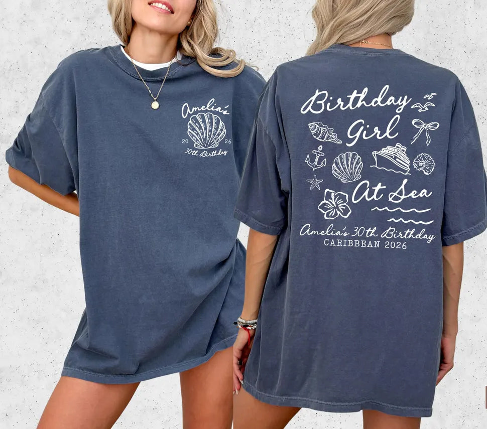 Birthday Girl At Sea personalized cruise tee front and back design