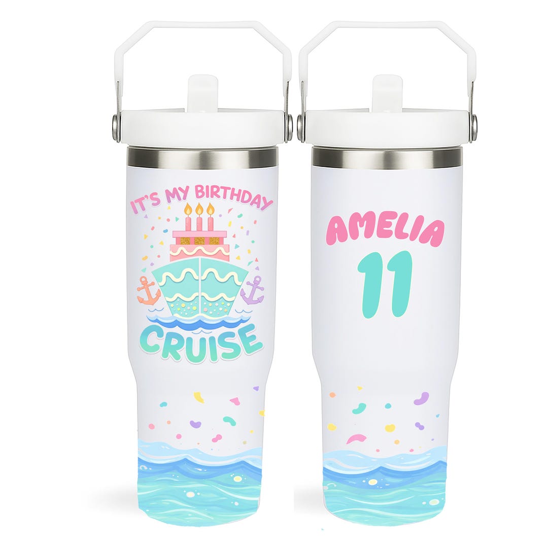 Birthday cruise tumbler personalized with name Amelia and age 11 in pink pastel design