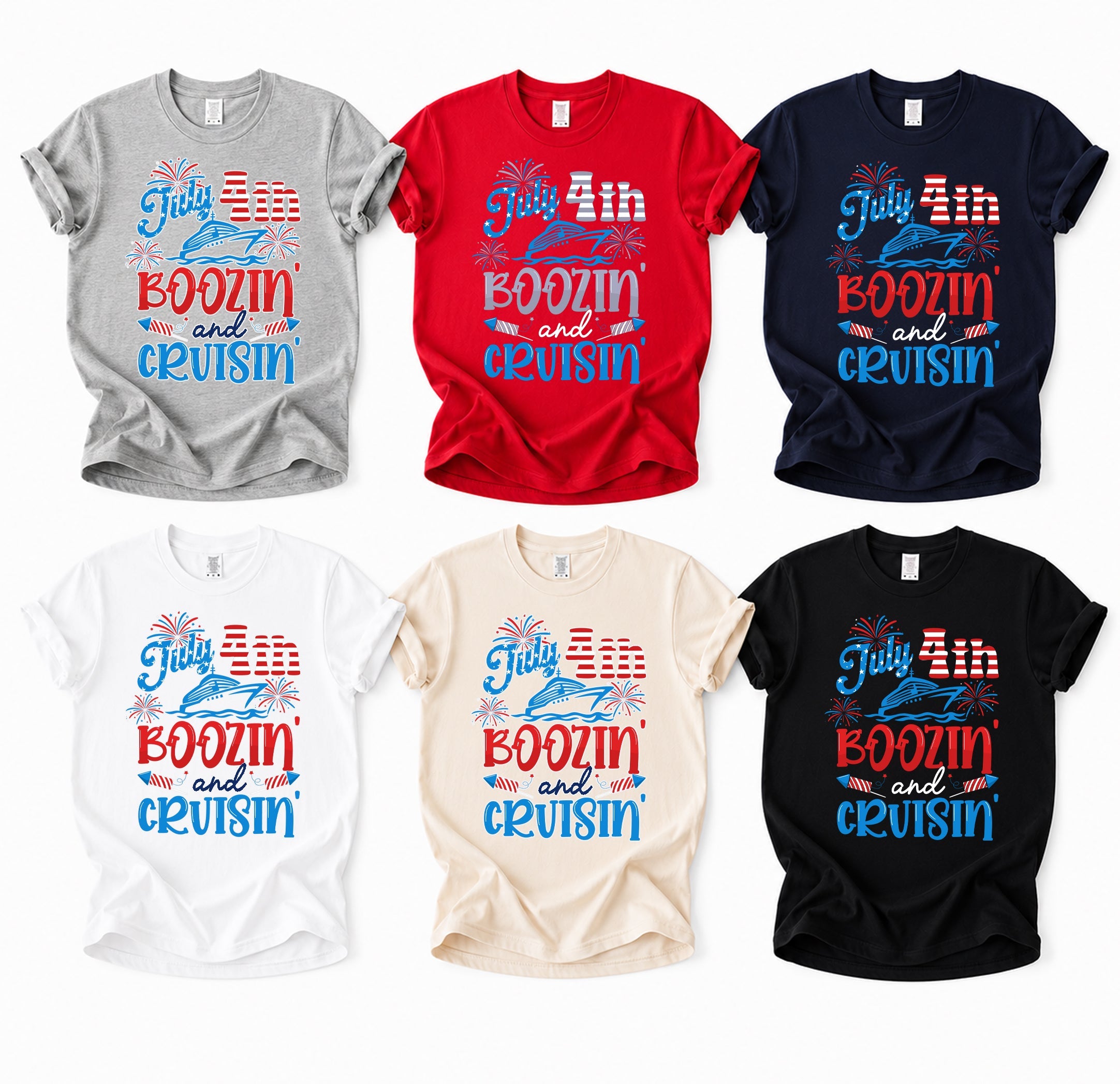 July 4th Boozin' and Cruisin' funny patriotic cruise tee shown in grey, red, navy, white, ivory and black