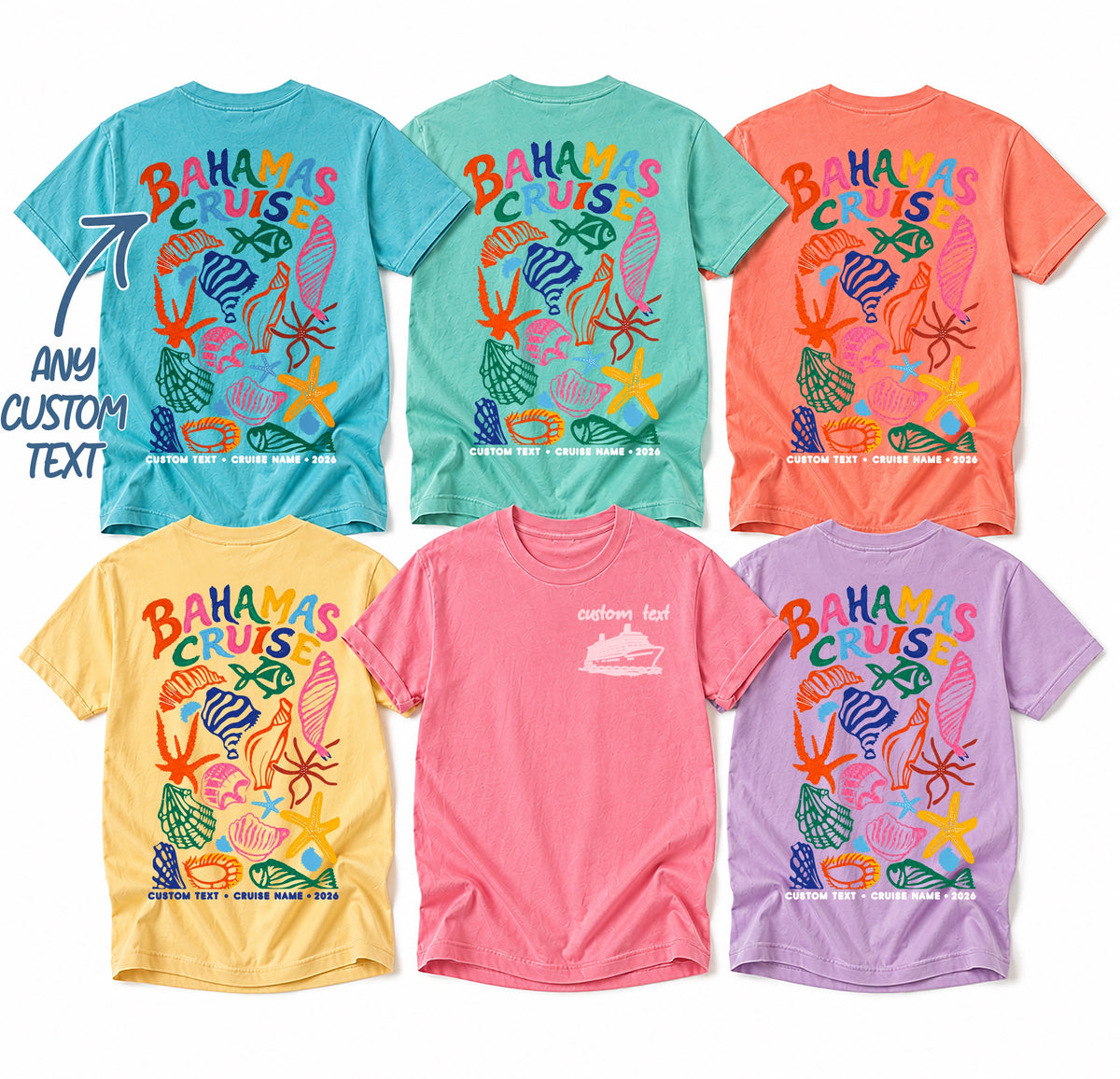 Coastal Shells cruise tee shown in 6 colors - personalize with any custom text on front and back