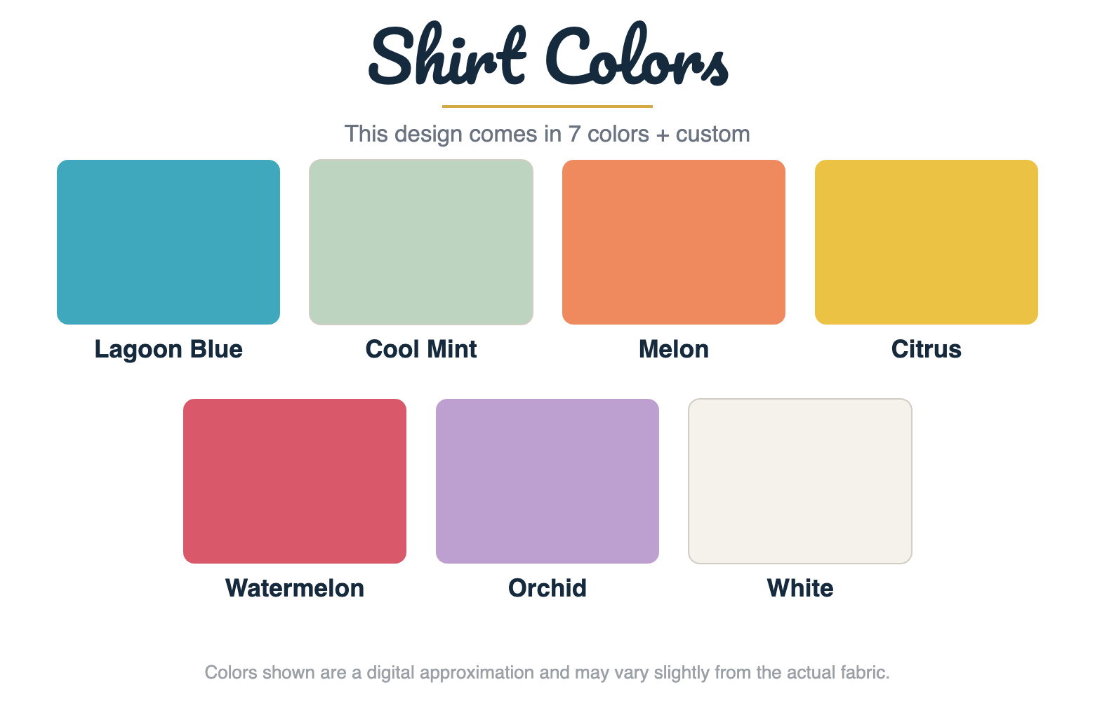 Shirt Colors chart - 7 colors plus custom for the Coastal Shells cruise tee