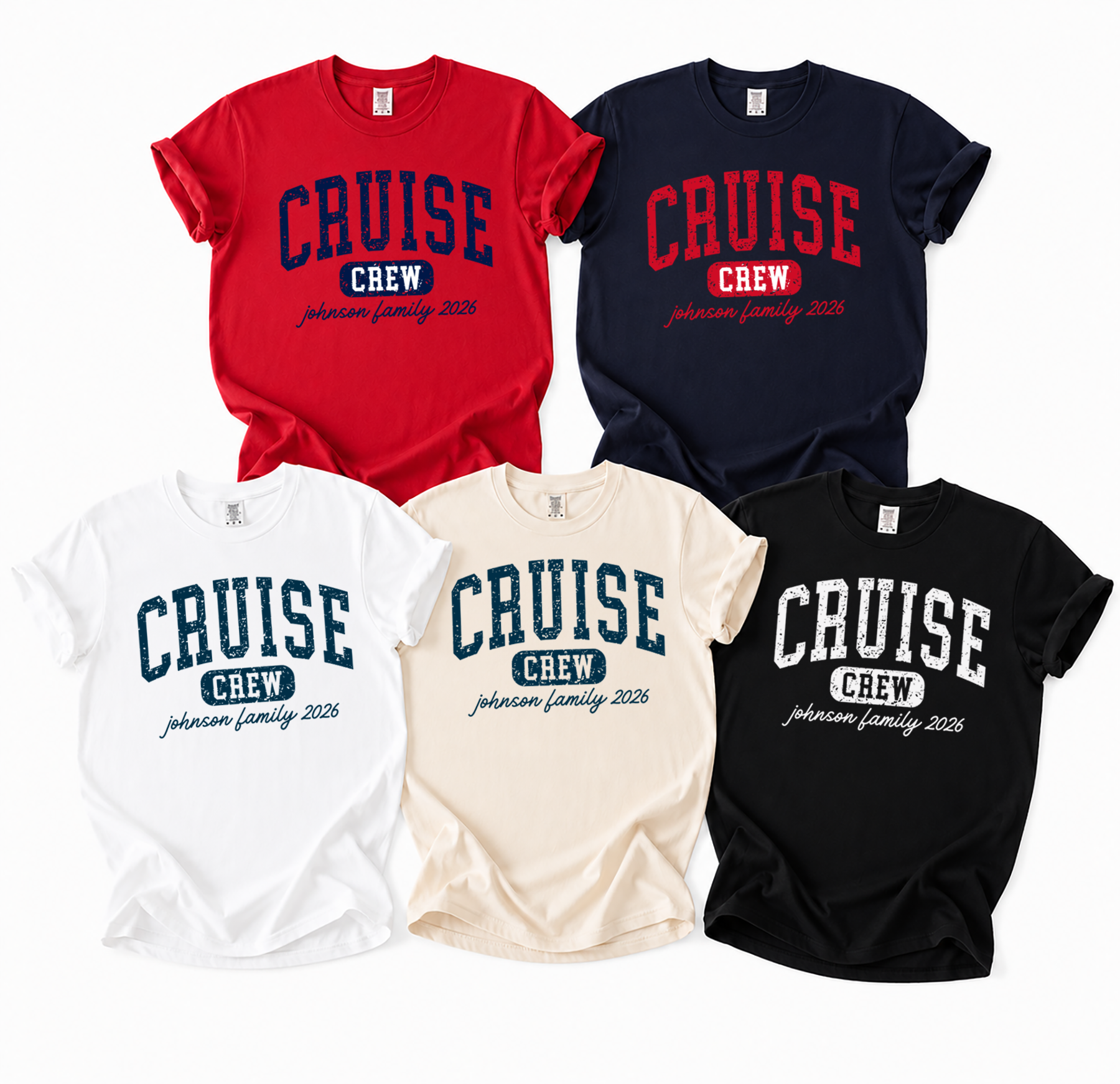 4th of July Cruise Crew varsity tee in patriotic colors - red, navy, white, ivory, black