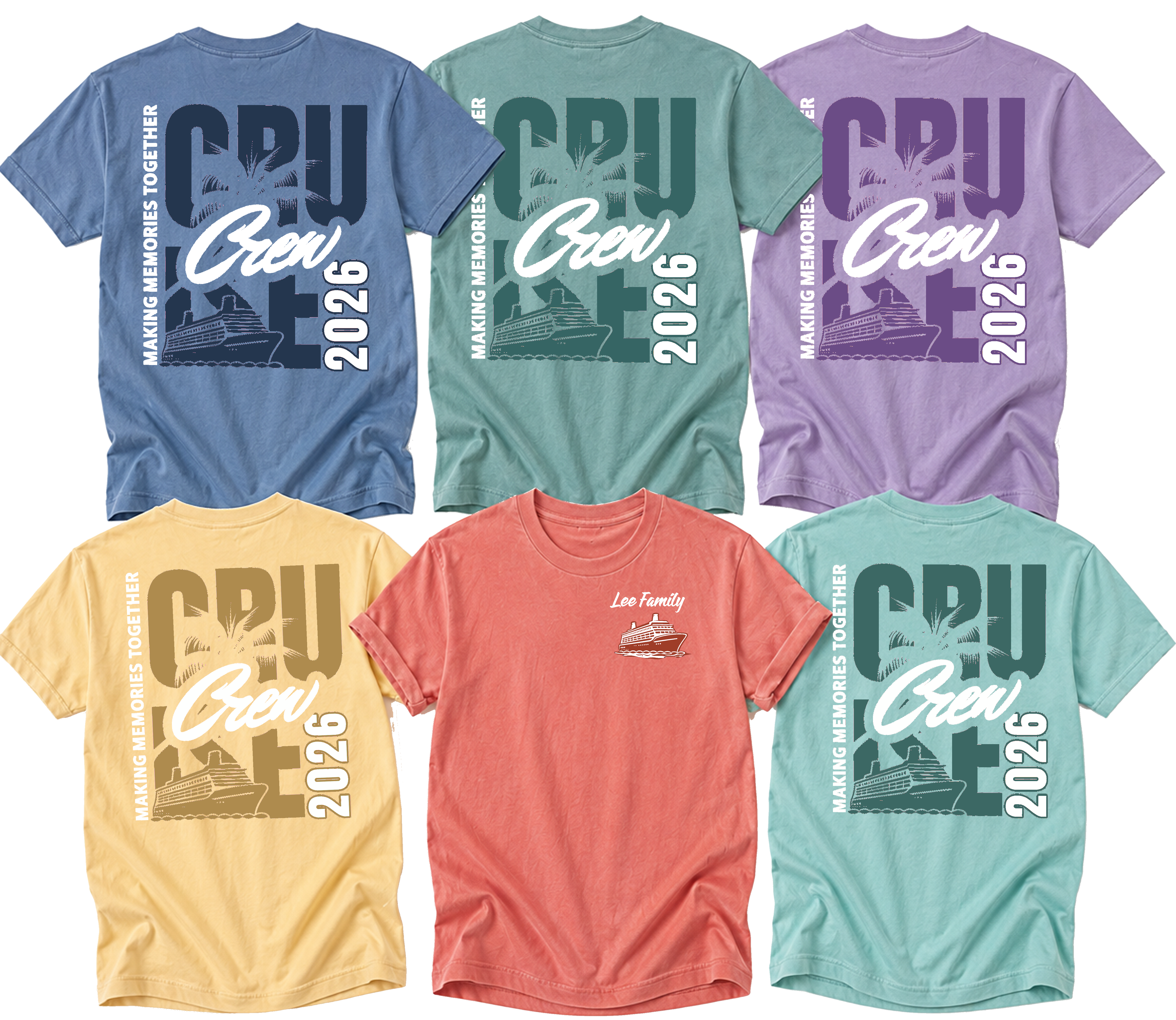 Cruise Crew Making Memories Together tee shown in seafoam, chalky mint, blue jean, light green, orchid, mustard, bright salmon, white and black