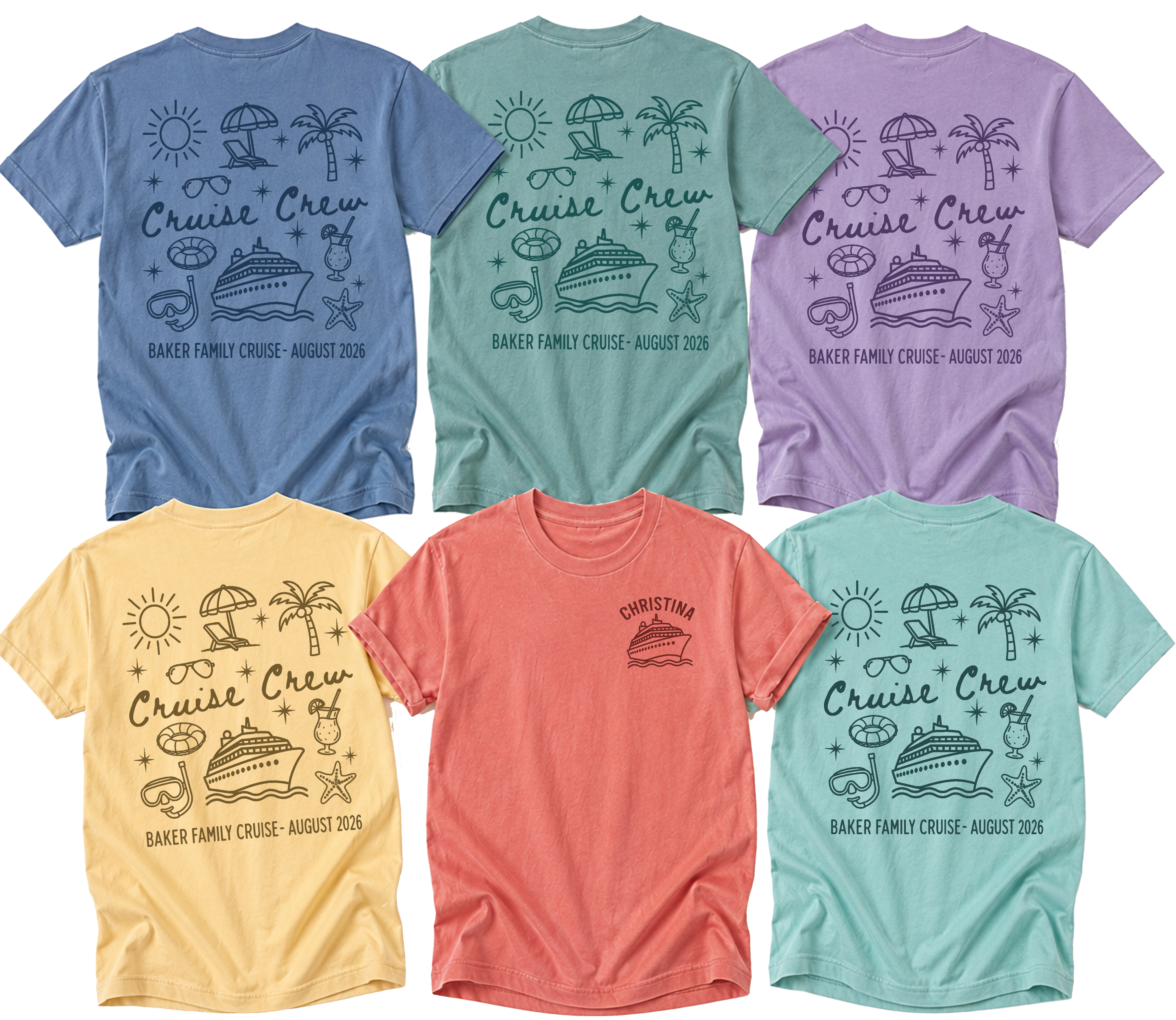 Cruise Crew Doodle family cruise tee with hand-drawn beach icons, personalized family name and cruise date, shown in six colors