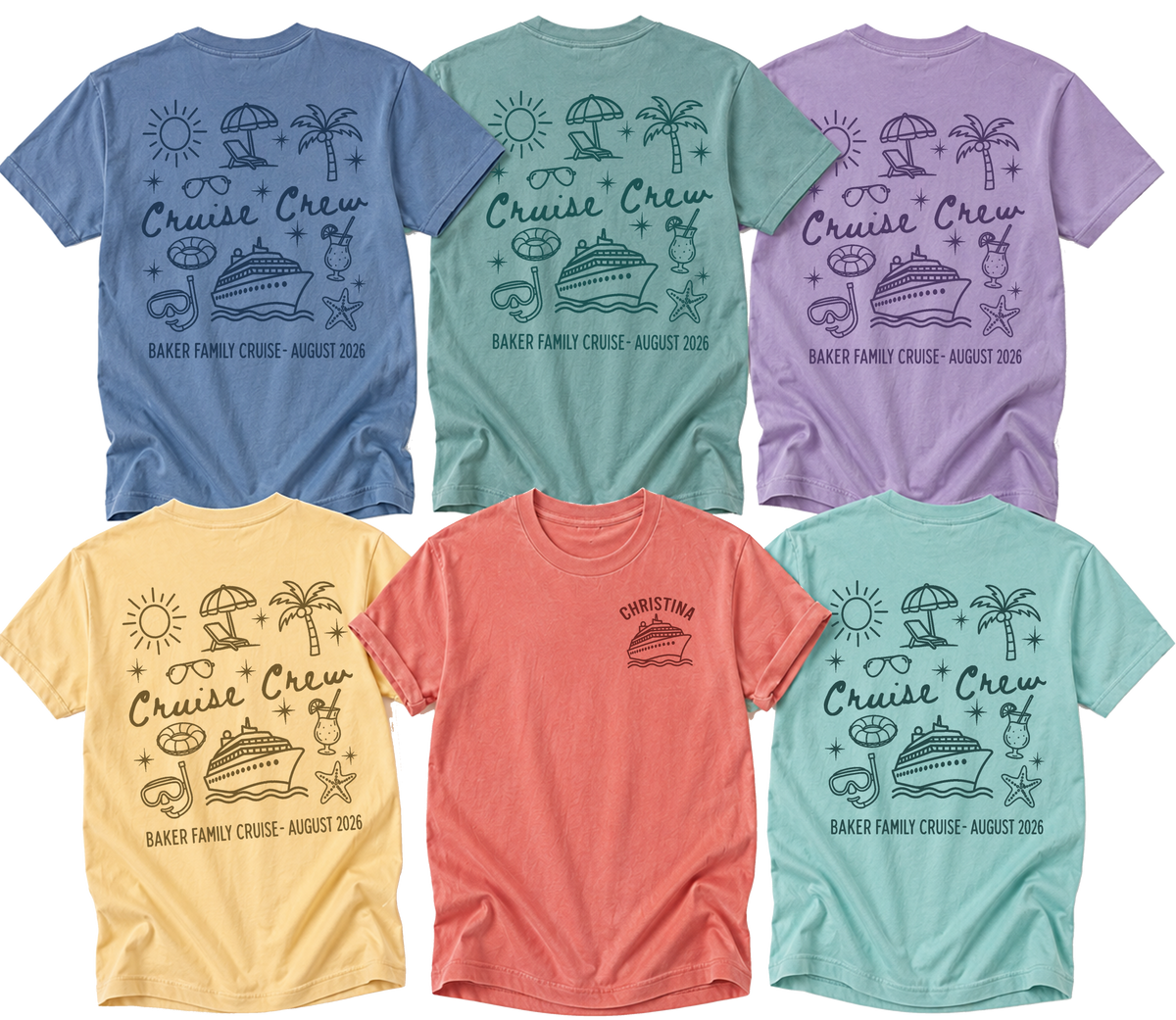 Cruise Crew Doodle family cruise tee with hand-drawn beach icons, personalized family name and cruise date, shown in six colors