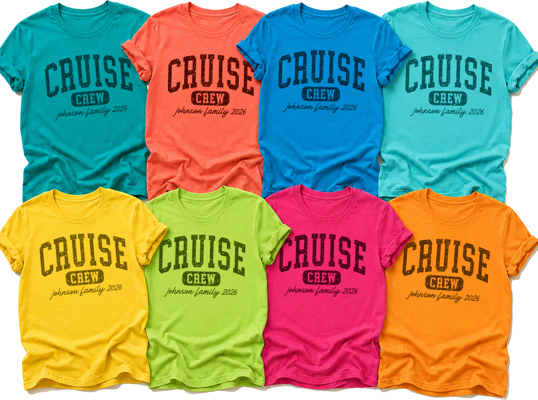 Cruise Crew varsity tee shown in 8 colors - personalize with any custom text