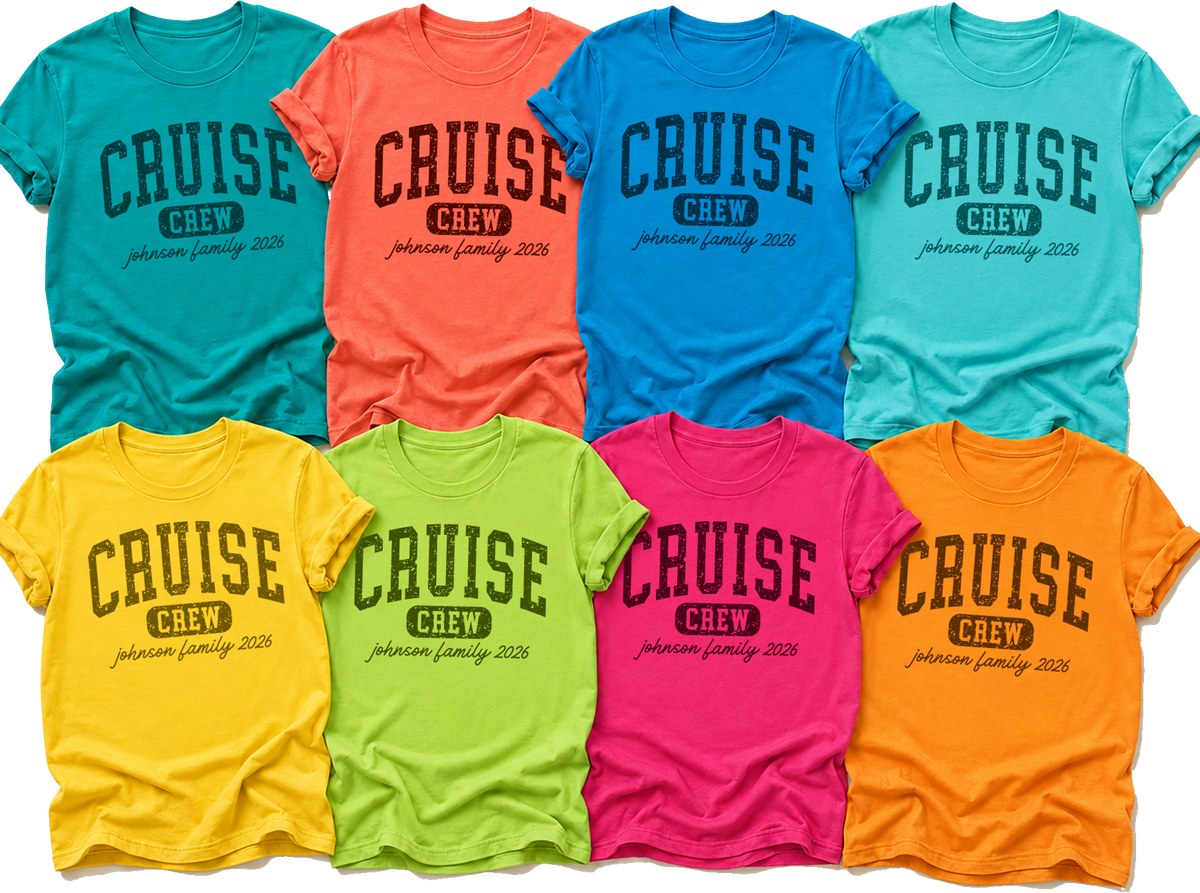 Cruise Crew varsity tee shown in 8 colors - personalize with any custom text