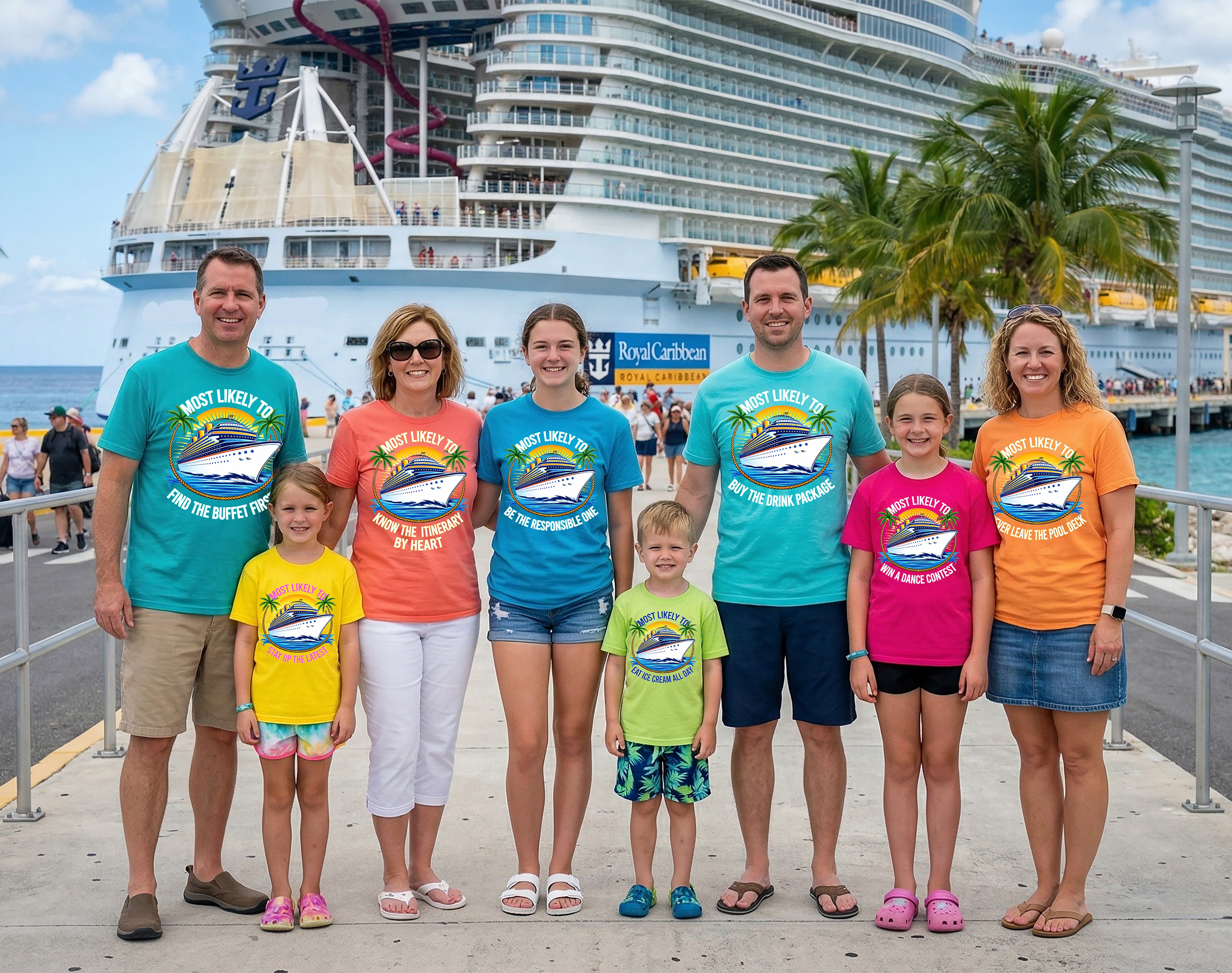 Matching family cruise shirts in coordinating colors