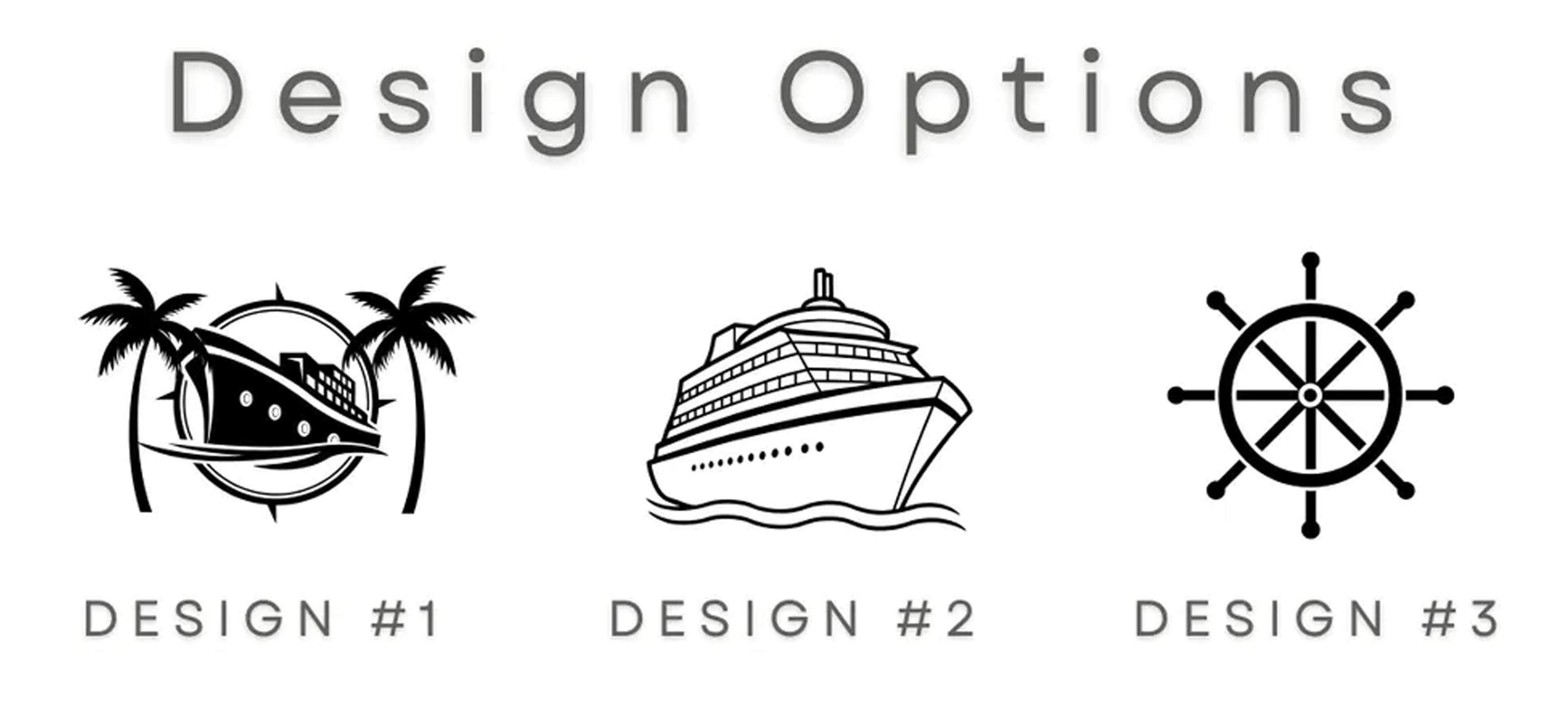 3 design options for the cruise tumbler -- ship & palms, cruise ship, ship wheel
