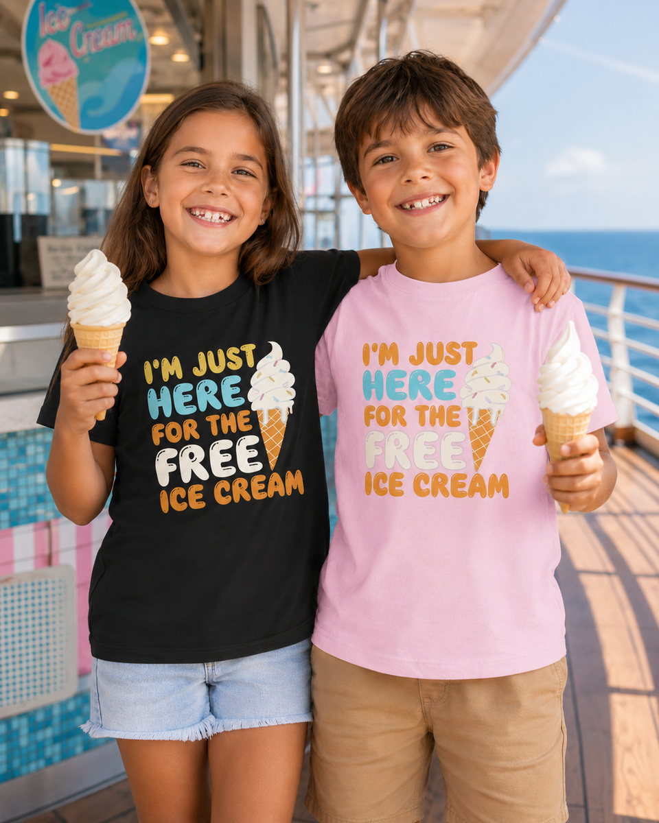 I'm Just Here for the Free Ice Cream funny kids cruise tee - matching family cruise shirt