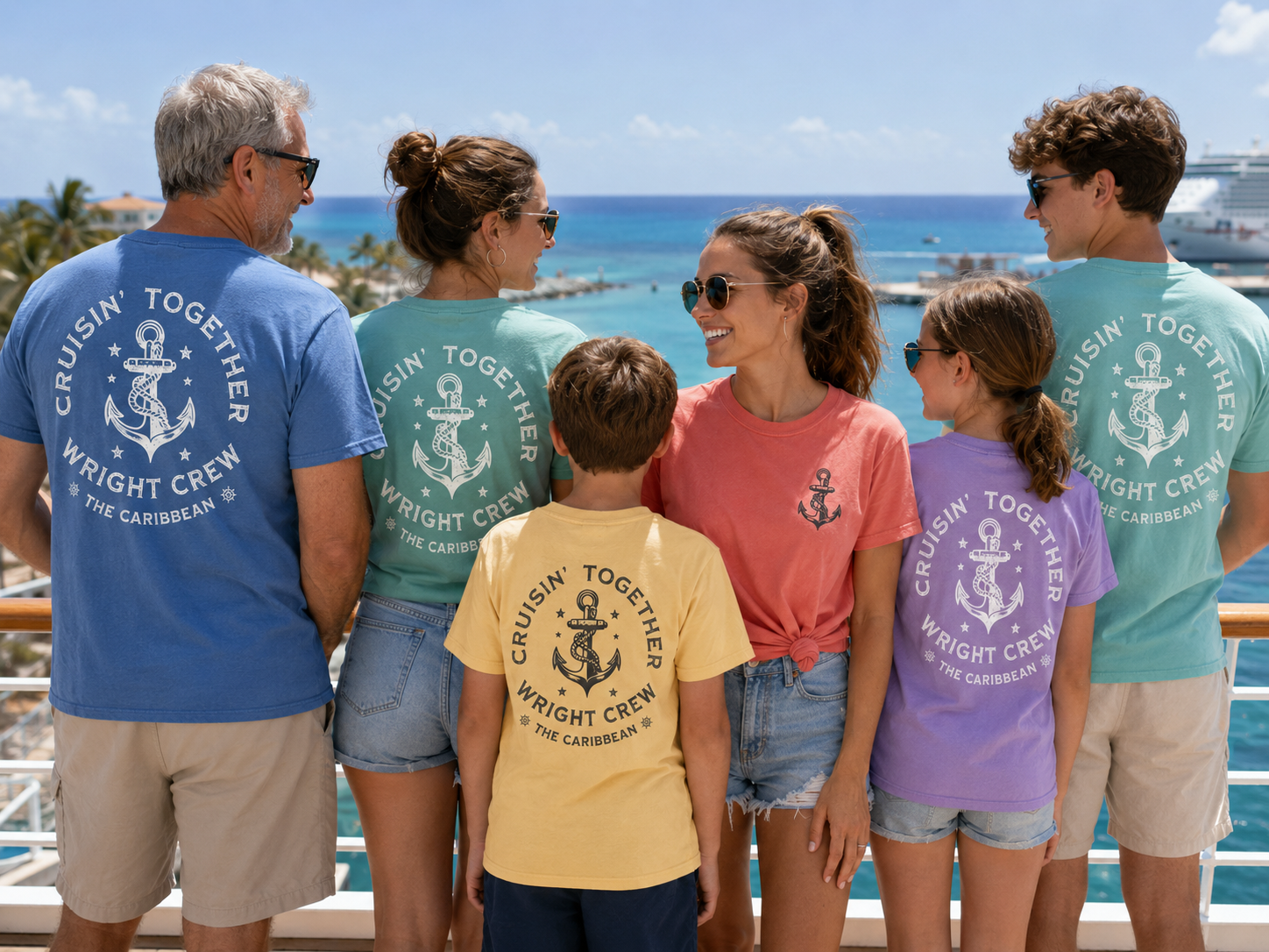 Family wearing Vintage Anchor Cruise Tees in 6 colors on a cruise ship deck