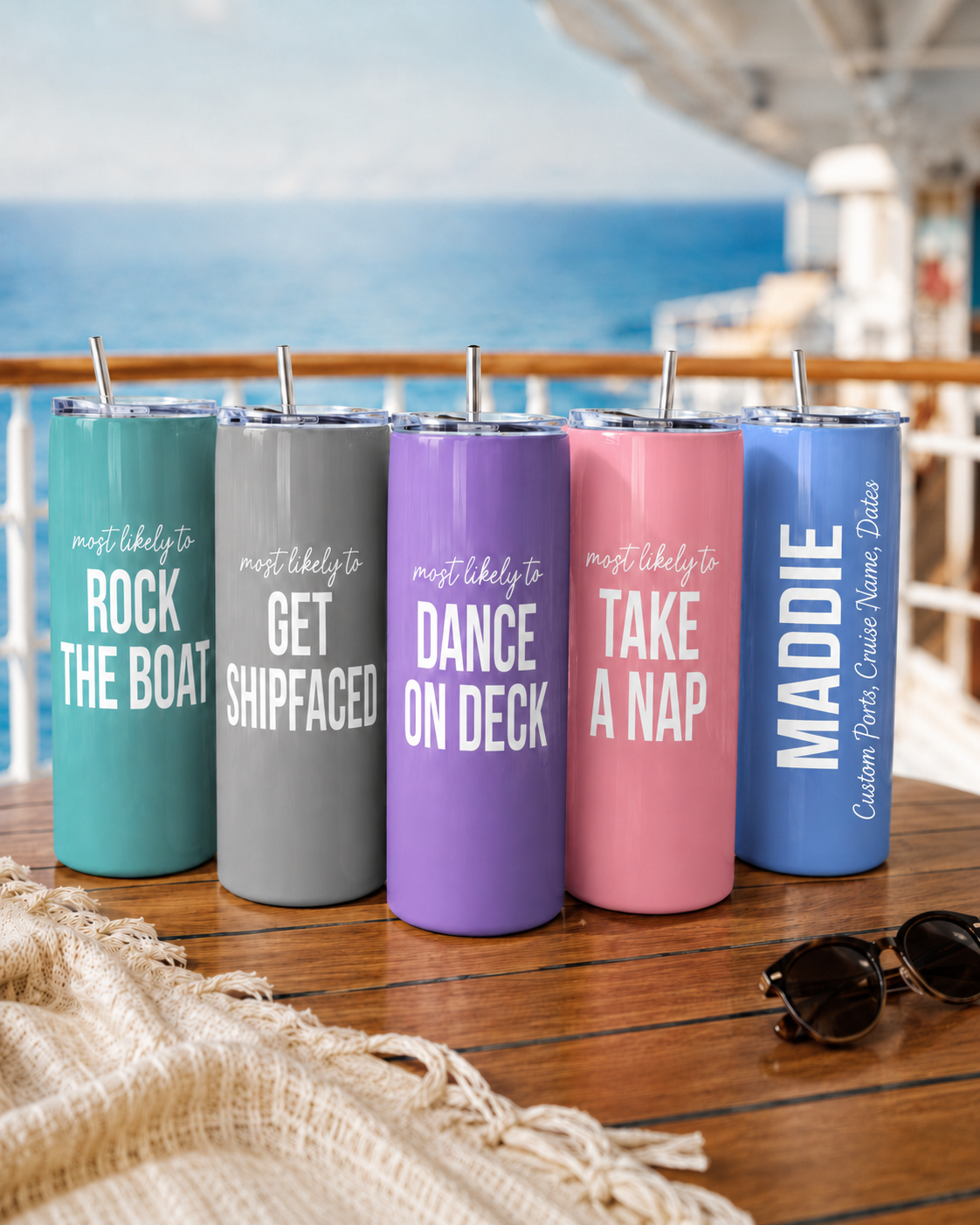 Most Likely To cruise tumblers — 5 colors with custom phrases and names on a cruise deck