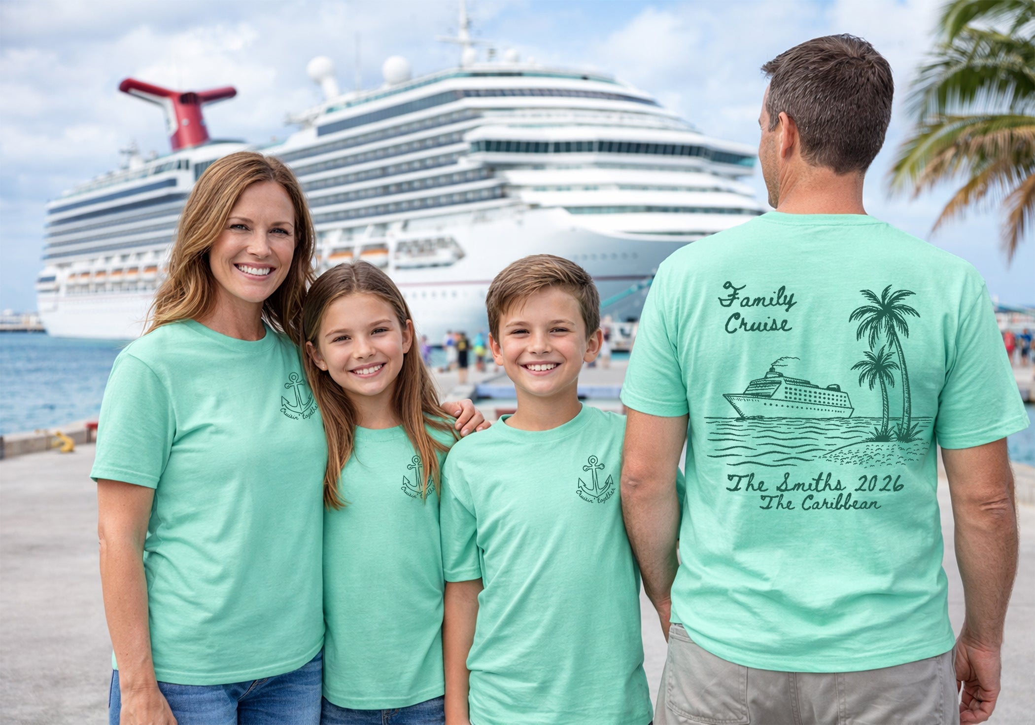 Family wearing matching Family Cruise tees at the cruise port, mint green