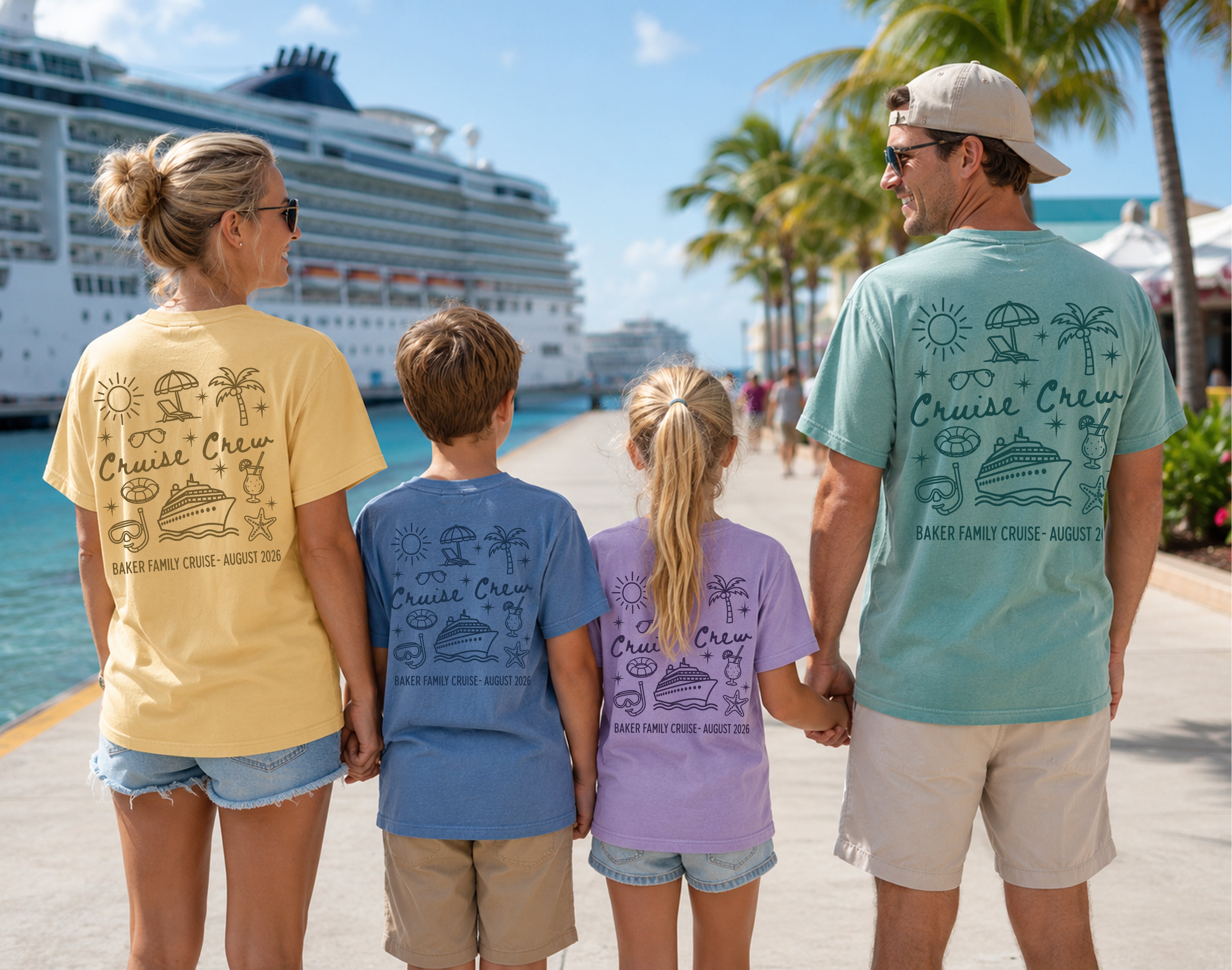 Cruise Crew Doodle family cruise shirt flat lay — matching group cruise tee with hand-drawn beach design