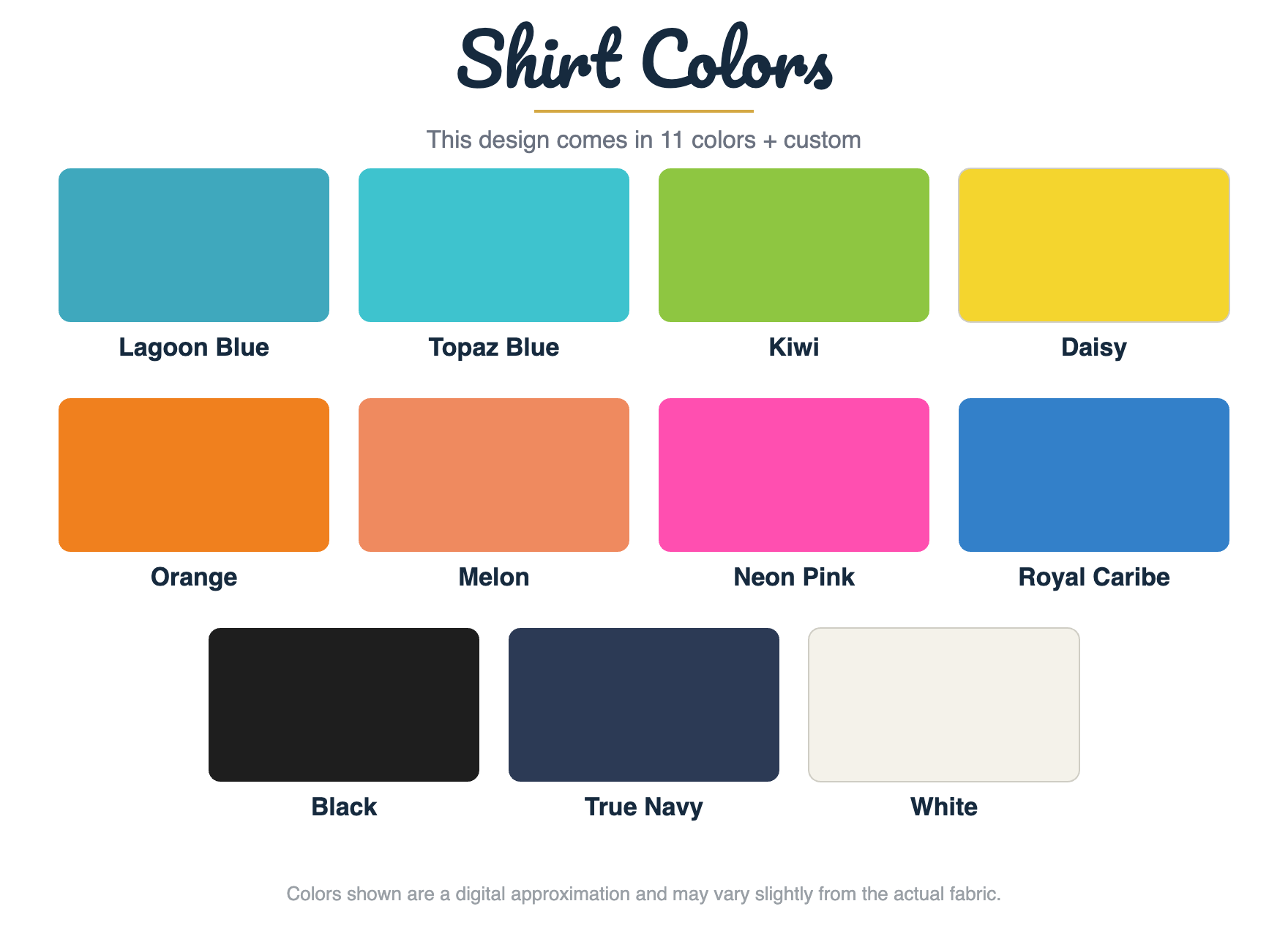 Shirt Colors chart - 11 colors plus custom