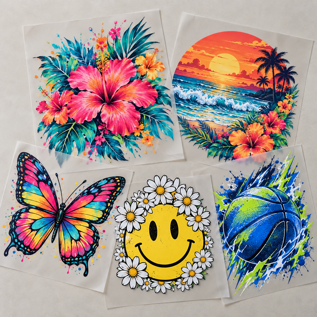 Full color DTF transfers cut from a gang sheet, including hibiscus, beach sunset, butterfly and basketball designs