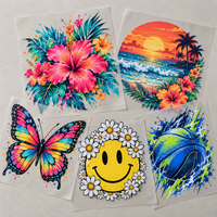Full color DTF transfers cut from a gang sheet, including hibiscus, beach sunset, butterfly and basketball designs