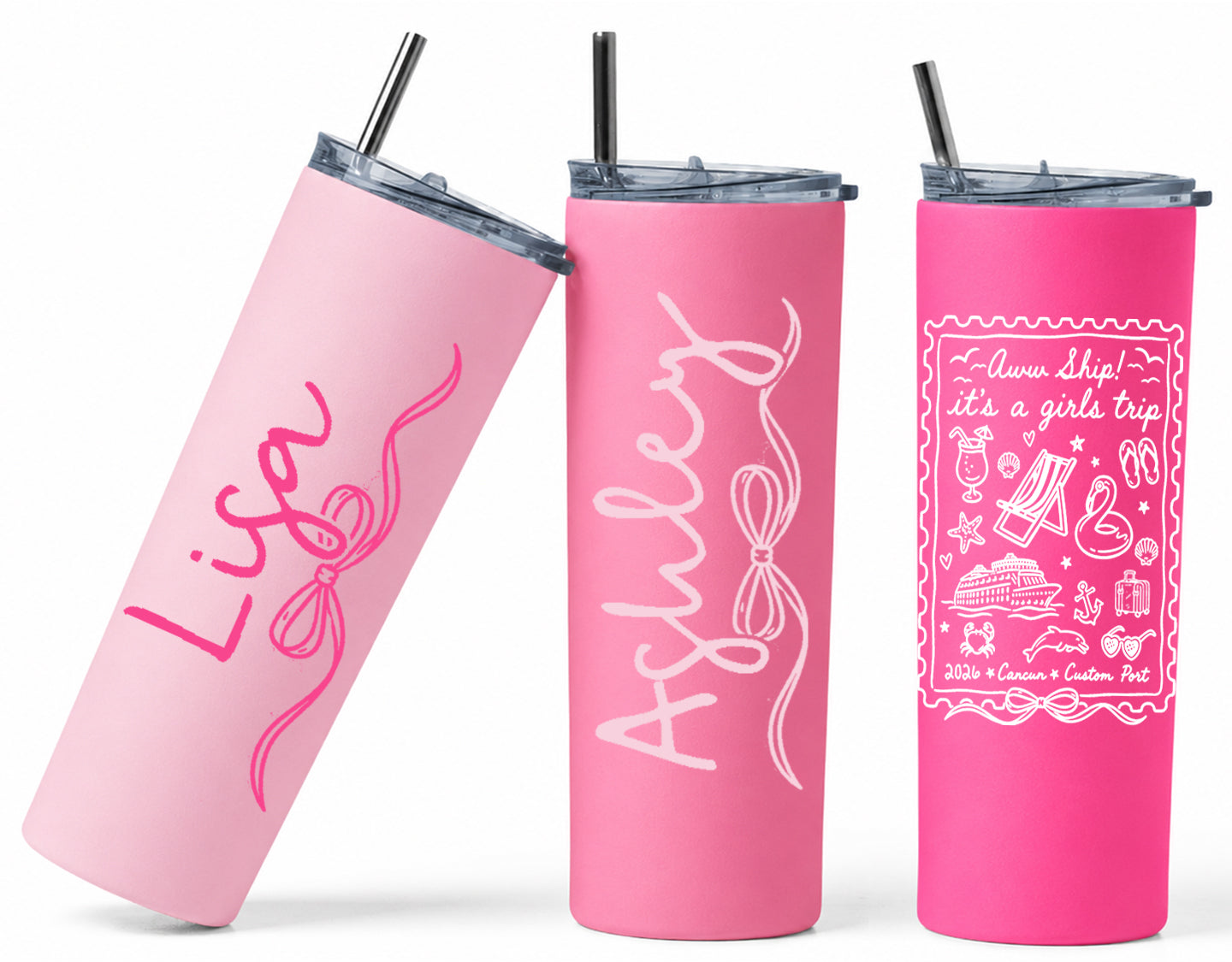 Aww Ship It's a Girls Trip 20oz skinny tumbler in light pink, medium pink and hot pink with custom name and cruise design