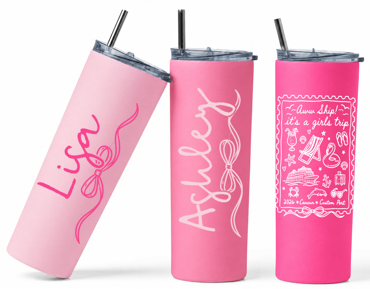 Aww Ship It's a Girls Trip 20oz skinny tumbler in light pink, medium pink and hot pink with custom name and cruise design