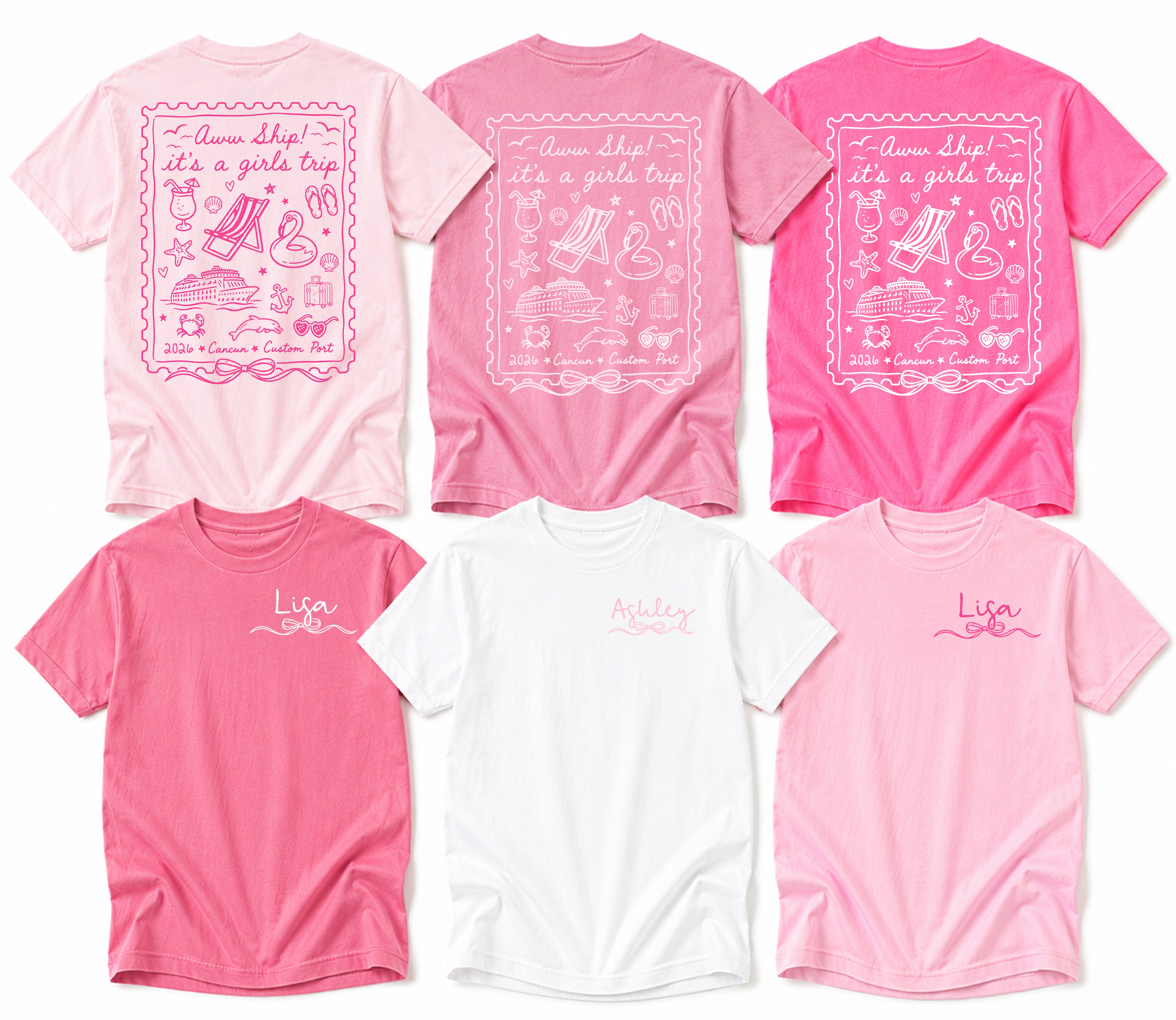 Aww Ship It's a Girls Trip bachelorette cruise tee with custom name, cruise ports and year, shown in pink shades and white