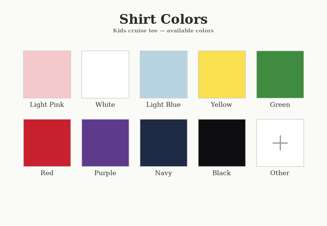 Shirt color chart - 9 colors plus custom