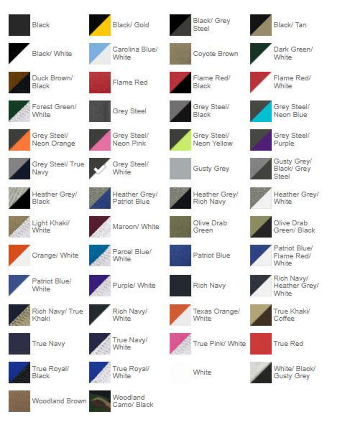 Hat color options chart showing all snapback color combinations available