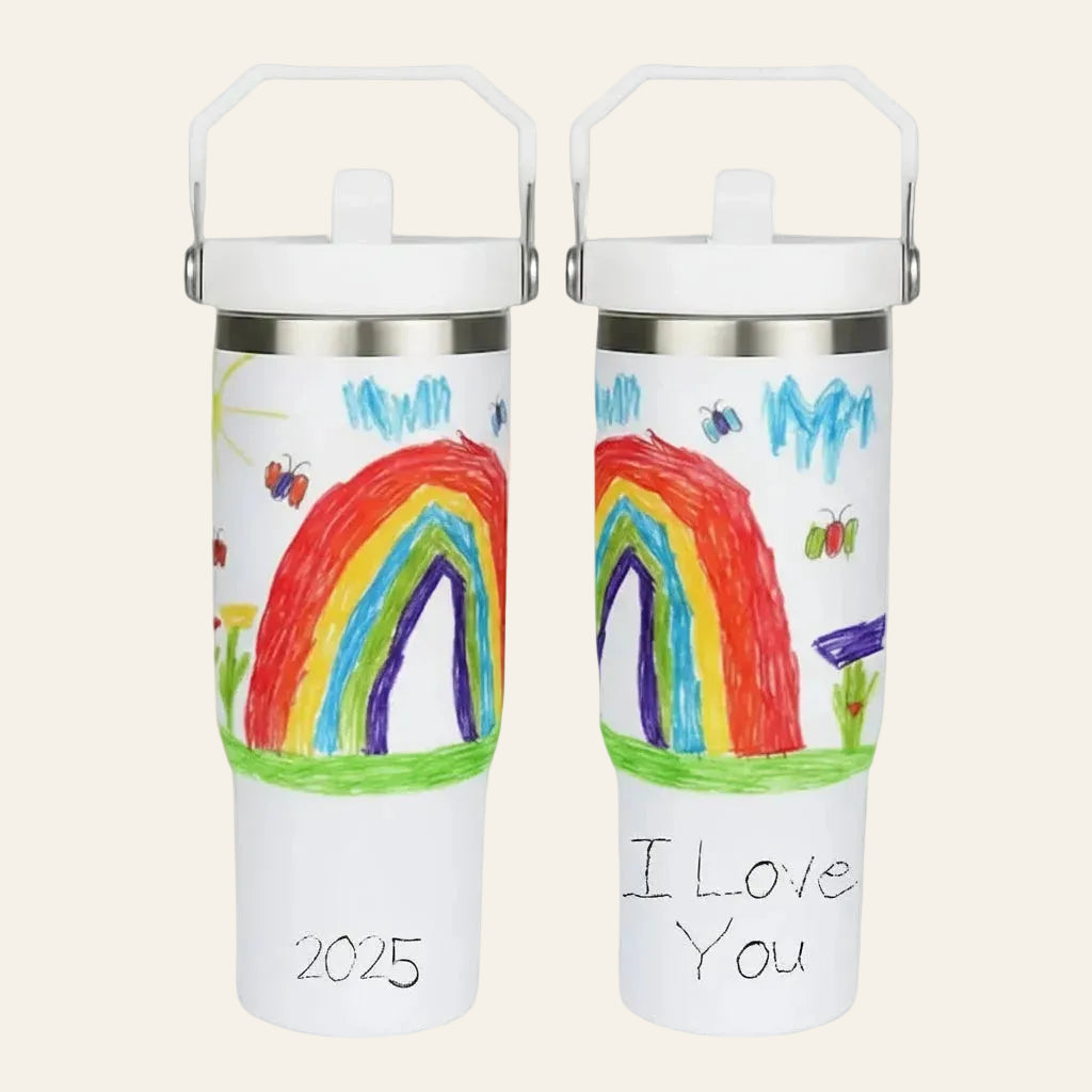 Custom kids art tumbler with handle featuring child's rainbow drawing and personalized 2025 text
