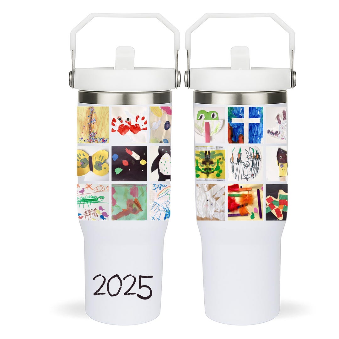Kids art tumbler with full-color collage of children's drawings